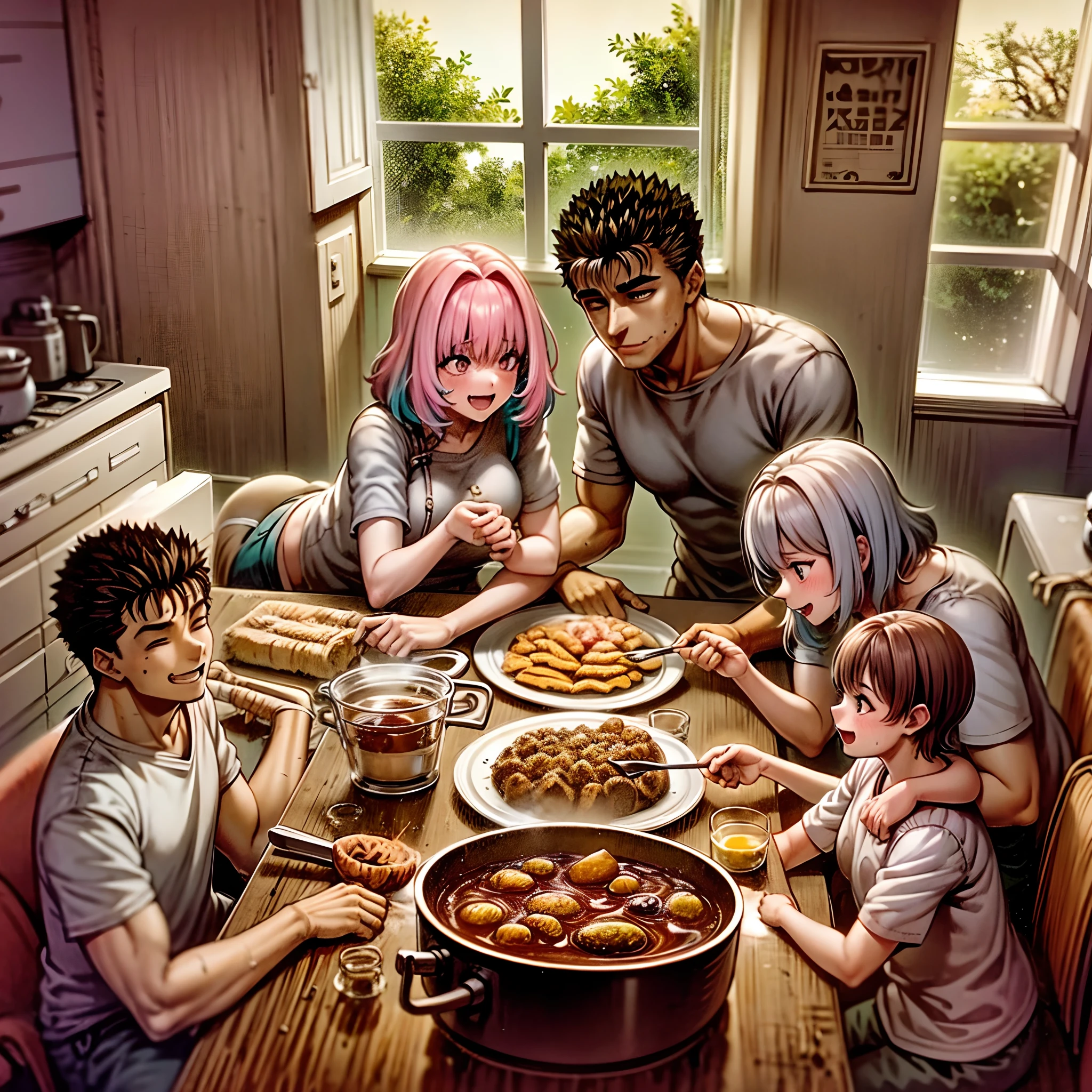 riamu yumemi,guts,couple,husband and wife,riamu motherly,house wife,cooking,mother and son,children,family,happy,(best quality,4k,8k,highres,masterpiece:1.2),ultra-detailed,(photo1.37),joyful,loving,embrace,adorable,cheerful,blissful,togetherness,warmth,smiles,vibrant colors,sunshine,beautifully lit,cosy home,harmonious,family bond,making memories,satisfying meal,homemade food,laughter,motherly affection,playful kids,herb garden,spacious kitchen,life's small joys,dreamy,wholesome,carefree,affectionate gaze,authentic moments,harmony of love and simplicity,unconditional love,tranquil,heartwarming,captured memories,cherished moments,intergenerational love,endless laughter,tight-knit,fond memories,blessed family,treasuring time together,priceless happiness