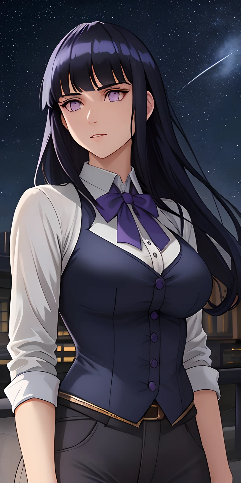 a masterpiece, award winning, best quality, a young woman, perfect face, exciting, upper body, concept art, overhead angle of a Raging fit Male Professor, 1800'S hair, Stars in the sky, Relieving, Charcoal lighting,Blunt Bangs, purple eyes, long dark blue hair