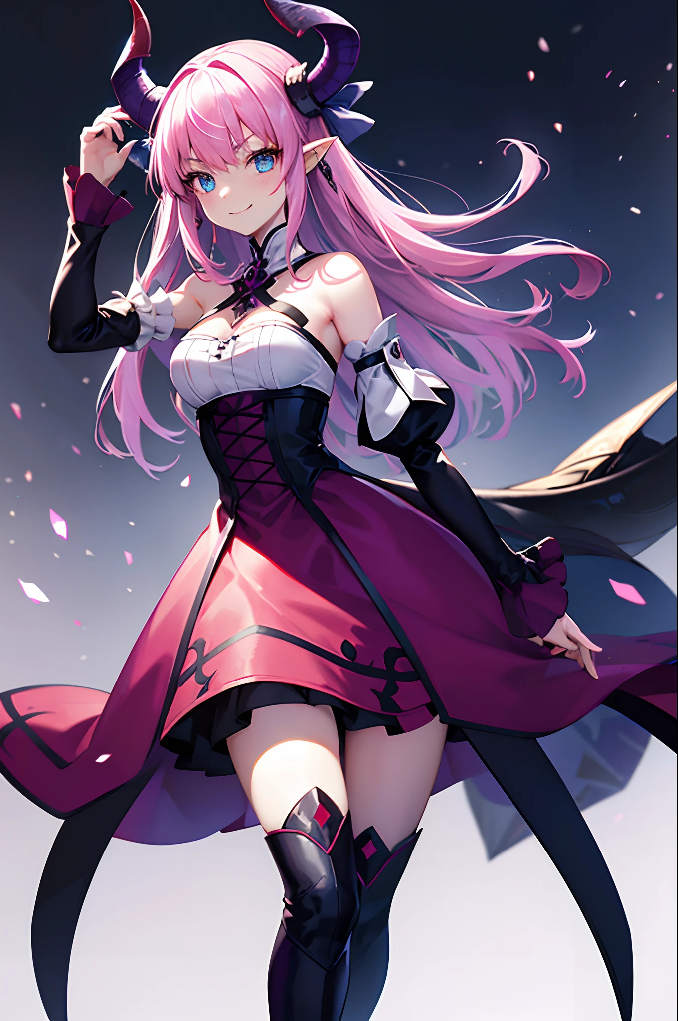masterpiece, (bestquality), highlydetailed, ultra-detailed, blue eyes, boots, detached sleeves, dragon horns, dragon tail, dress, elizabeth bathory (fate), elizabeth bathory (fate/extra ccc), full body, horns, long hair, looking at viewer, pink hair, pointy ears, ribbon, simple background, smile, solo, standing, tail, white background