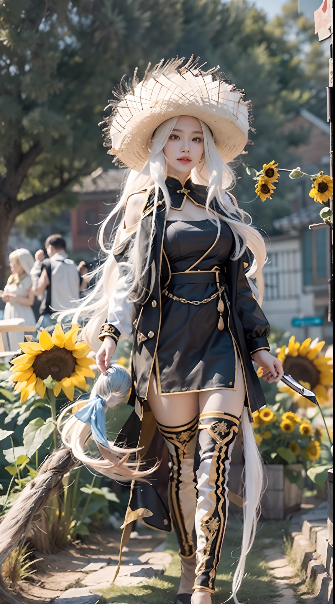 In a very grand scene,The extra-large wide-angle lens captures the appearance of a female centaur。She is a Sunflower Worship nun,Always opposed(Healing smiley face of knitted sunflower puppet😊:99.99)DOA。She is tall,It has the ultimate curvy beauty,The muscles are slender and firm,Beautiful lines。She has(Super huge sky blue eyes:99.99)、always(Wearing sexy glasses:6.66)、(She wears solemn nun attire:9.9)、Stepping on a boot-style skyscraper-heel、A pink cross hangs on his chest。Use Midjourney's advanced tools,Designed for female centaurs(A knitted sunflower puppet and create a super healing cartoon smiley face in the center of the flower tray as a decoration:9.9),and noble and solemn nun costumes,and highlight her unique physiological characteristics and appearance details,Add realism。And in the context of her prayers and listening to confessions,Spectacular views of nature,Such as the sky where storms and sunny days alternate、Brilliant rivers of stars and auroras、The snow-capped summit of Mount Everest、Fireworks in the mountain town, etc。ao mesmo tempo,Away from the hustle and bustle next to the chapel,Create a fantastic scene。Use Midjourney's advanced tools and multiple color palettes、Brush Strokes、Texture tools and model packages,It shows a sense of atmosphere where beauty and charm coexist。The charm of the female centaur is highlighted through color and lines,Enhance realism with detailing,Create a surreal dreamy feeling。Additionally,Use Midjourney's tools to add various exorcism props and books to the female centaur、pergaminhos,Create intricate hairstyles and outfits,Give her a sense of premium。She never flinches,No matter what monster you encounter,can respond quickly,Even the most extreme armies of natural disasters and monsters could not stop her and her front(Sunflower with Tyndall effect that emits sunlight9.99)。Use Midjourney's powerful tools,You can do it with incredible detail and beauty,Bring this ultra-grand and beautiful scene to life。Ultra-grand scenes,s