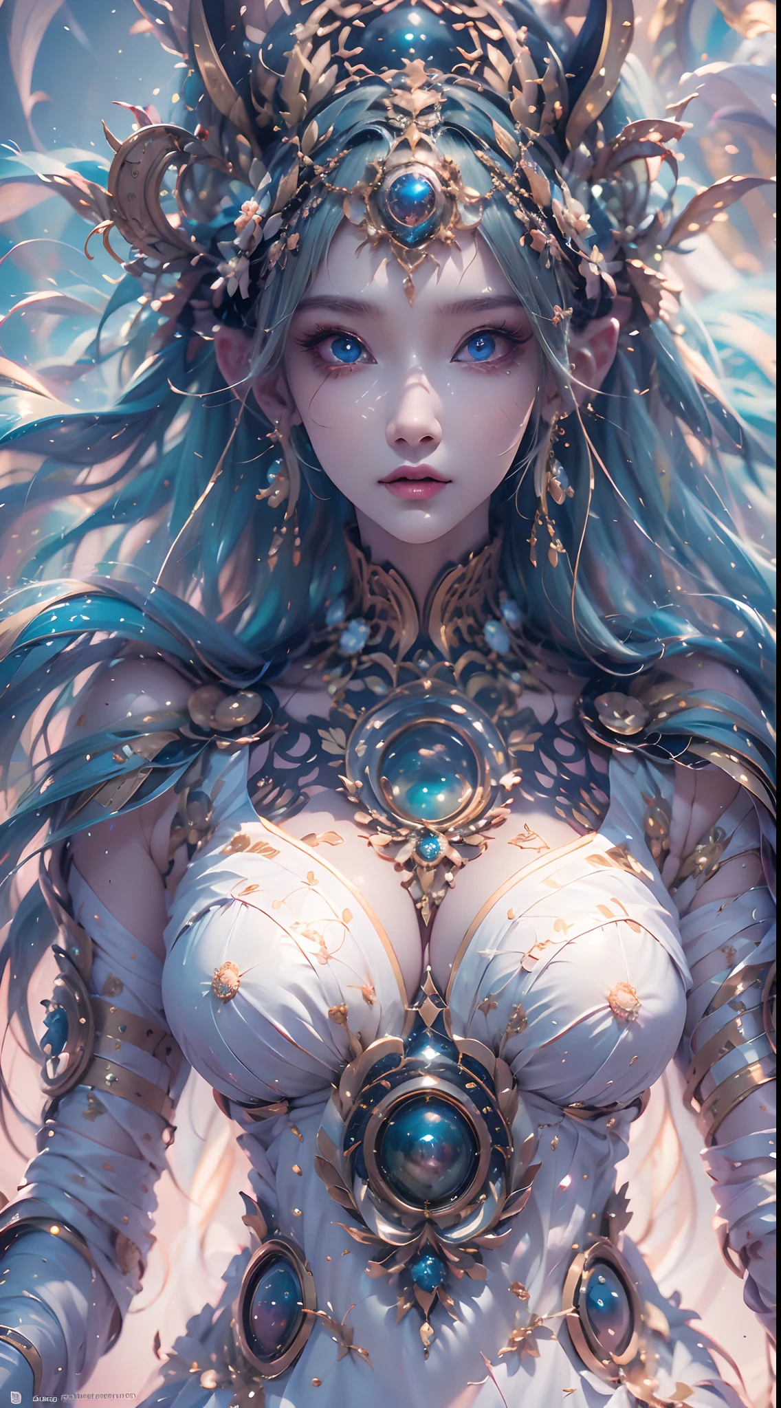 (best qualtiy,ultra - detailed,Most Best Illustration,Best shadow,tmasterpiece,A high resolution,professionalartwork,famousartwork),Sky blue picture style,Detailed eyes,beautidful eyes,closeup cleavage,sci-fy,colored sclera,Robot eyes,face markings,Tattooed with,(fractalized,Fractal eyes),largeeyes,Wide eyes,(Eye focus),sface focus,Cosmic eyes,Space eyes,Close-up of metal sculpture of a woman with a moon in her hair,goddes。extremly high detail,3 d goddess portrait,Extremely detailed footage of the goddess,a stunning portrait of a goddess,Full body close-up portrait of the goddess,hecate goddess,portrait of a norse moon goddess,goddess of space and time,PureErosFace_V1,Urzang-6500-V1 version.1,