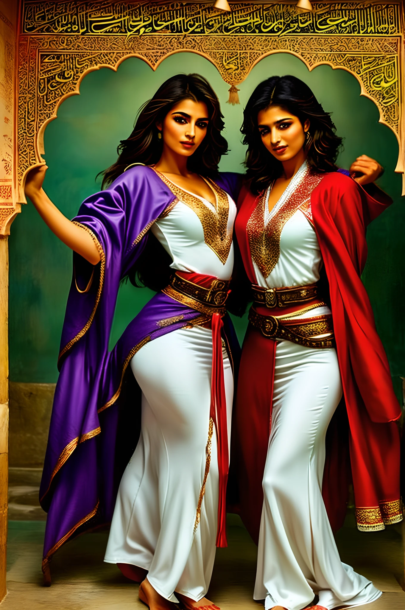 Mavtan Moroccan Islamic surreal super detail,a couple of lesbians dancing together,Dynamic pose,leering,(fantastical belt,fantastical robes,Fantastical ribbons)