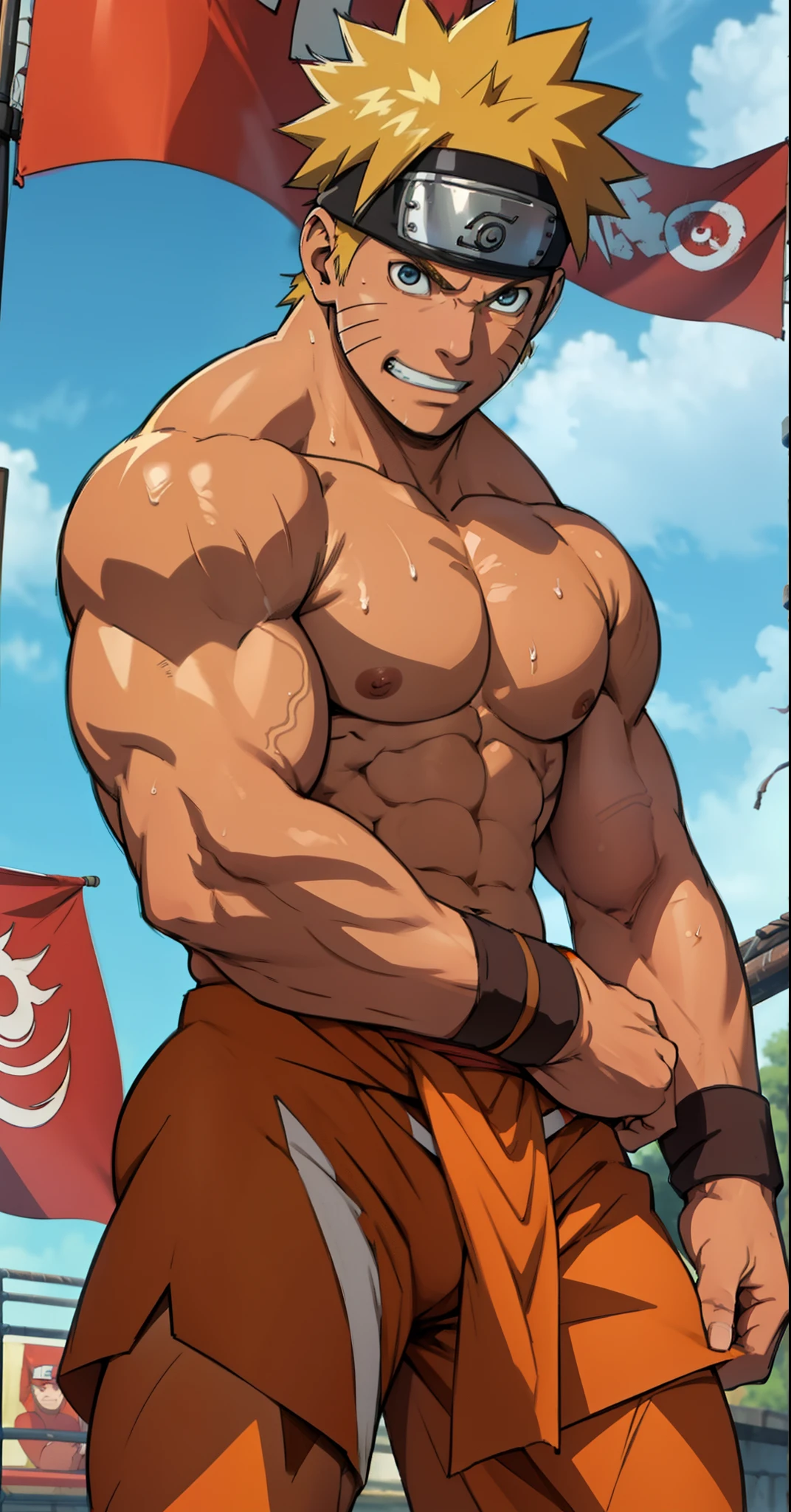 (Full body) (photo subject: Close-up of muscular thigh muscles ) (photo angle from bottom up)(Drawings of Naruto anime) (photo angle from the ground upwards) [Anime photo][highest quality photo][4k,HD photo quality]  wear tight loincloths (muscular thigh muscles, firm thigh muscles, muscular thigh muscles, sinewy thigh muscles, giant thigh muscles, strong leg muscles, muscular hamstring leg muscles) ,Uzumaki Naruto fun, happy,bodybuilder,bodybuilding, standing, red skin,reddish brown skin, lots of sweat flowing down, topless, shirtless, hot sunny, (do not wear banners,do not wear headbands)