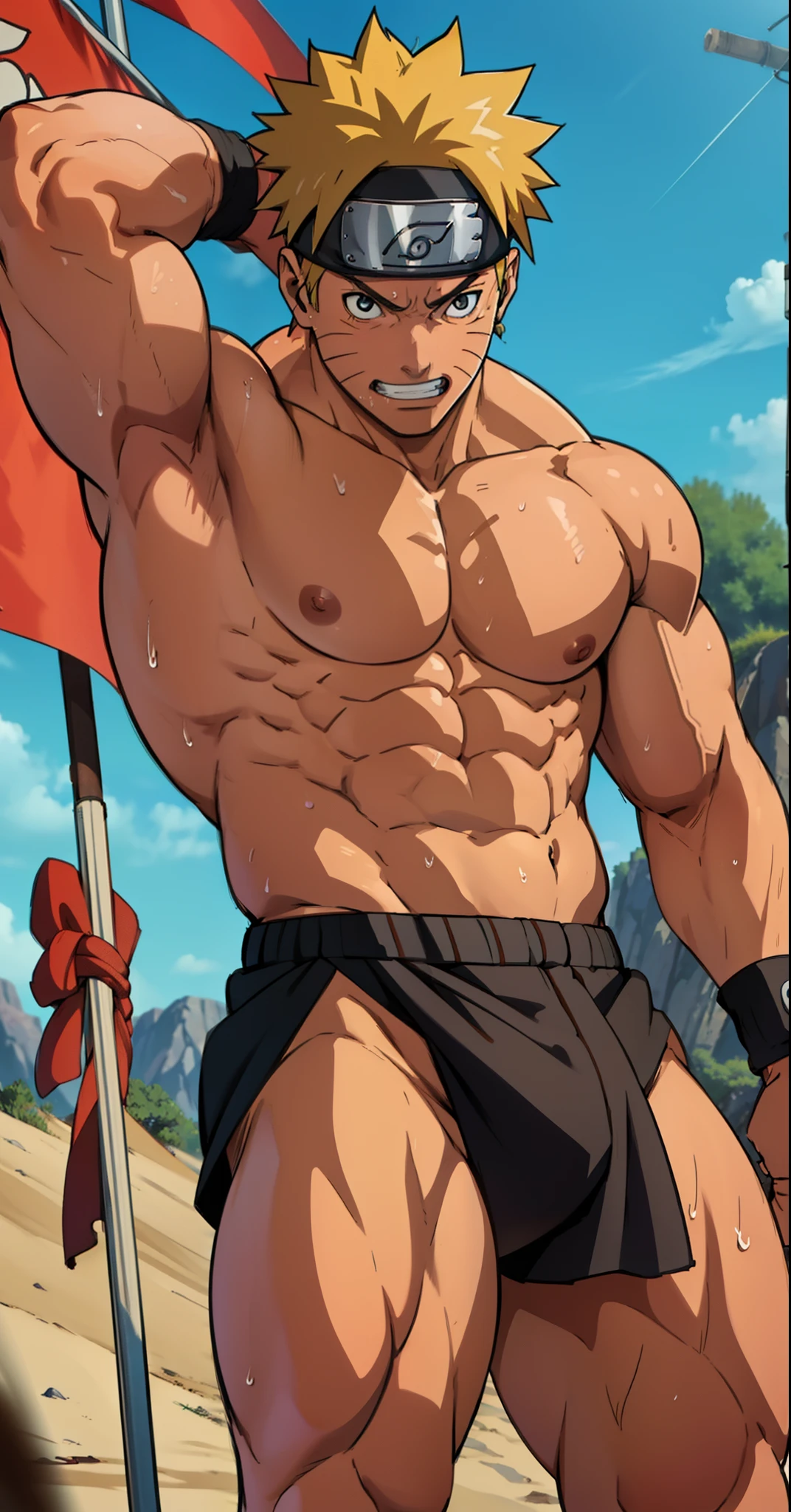 (Full body) (photo subject: Close-up of muscular thigh muscles ) (photo angle from bottom up)(Drawings of Naruto anime) (photo angle from the ground upwards) [Anime photo][highest quality photo][4k,HD photo quality]  wear tight loincloths (muscular thigh muscles, firm thigh muscles, muscular thigh muscles, sinewy thigh muscles, giant thigh muscles, strong leg muscles, muscular hamstring leg muscles) ,Uzumaki Naruto fun, happy,bodybuilder,bodybuilding, standing, red skin,reddish brown skin, lots of sweat flowing down, topless, shirtless, hot sunny, (do not wear banners,do not wear headbands)
