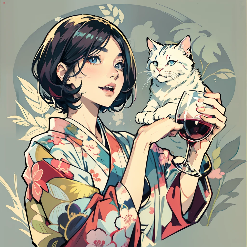Create pop art style digital artwork, Asian woman holding white cat,Vibrant and attractive woman, Cinematic color scheme, Energetic brush strokes, Upper body, Drawing, Illustration, grayscales, Holding a wine glass in one hand、solid background、drinking wine