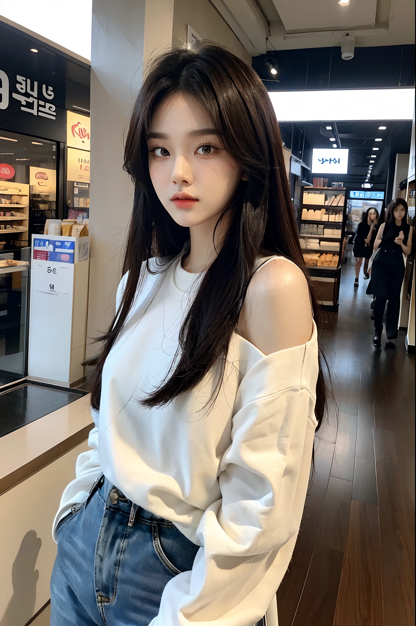 masterpiece、top-quality)、1 beutiful girl、Slim body、((Black and white plain clothes:1.1))、(Detailed beautiful eyes)、Walk around the store、((Boyish Brown Medium Hair))、((Smaller face))、((Neutral face))、((Face seen from the side))、((Light brown eyes))、((Korean Girl))、((18year old))、((cool lady))、((Wild look))、((Korean Makeup))、((elongated and sharp eyes))、((Happy dating))、((looking distantly))、((boyish))、((Shot from the same height as your face))、((Viewers are tall))、((She is walking in front of the viewer))