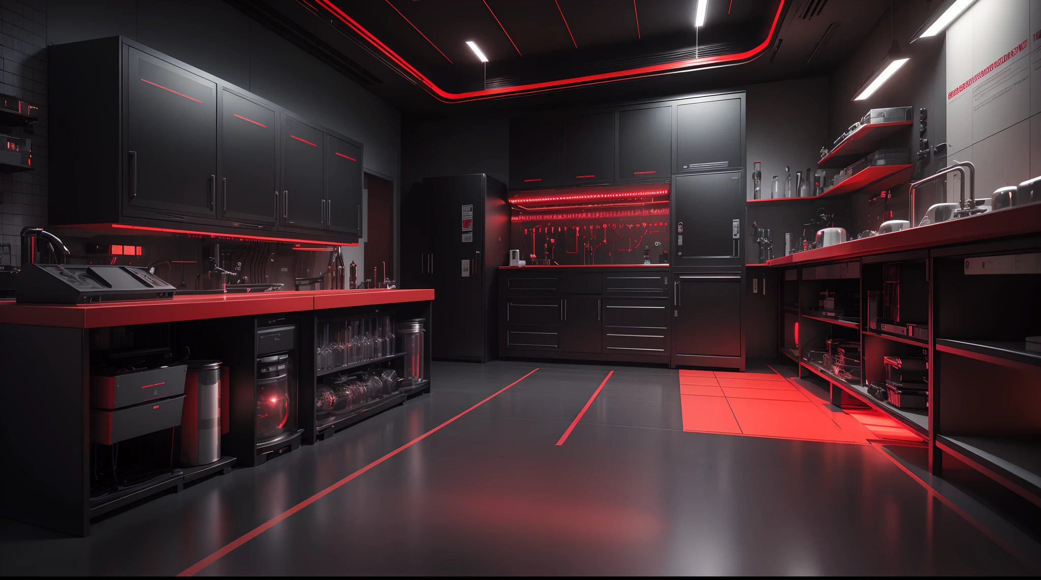 3D science laboratory, dark black theme with some red light, Thick wires on the ground, 8k, ultra details, wide angle