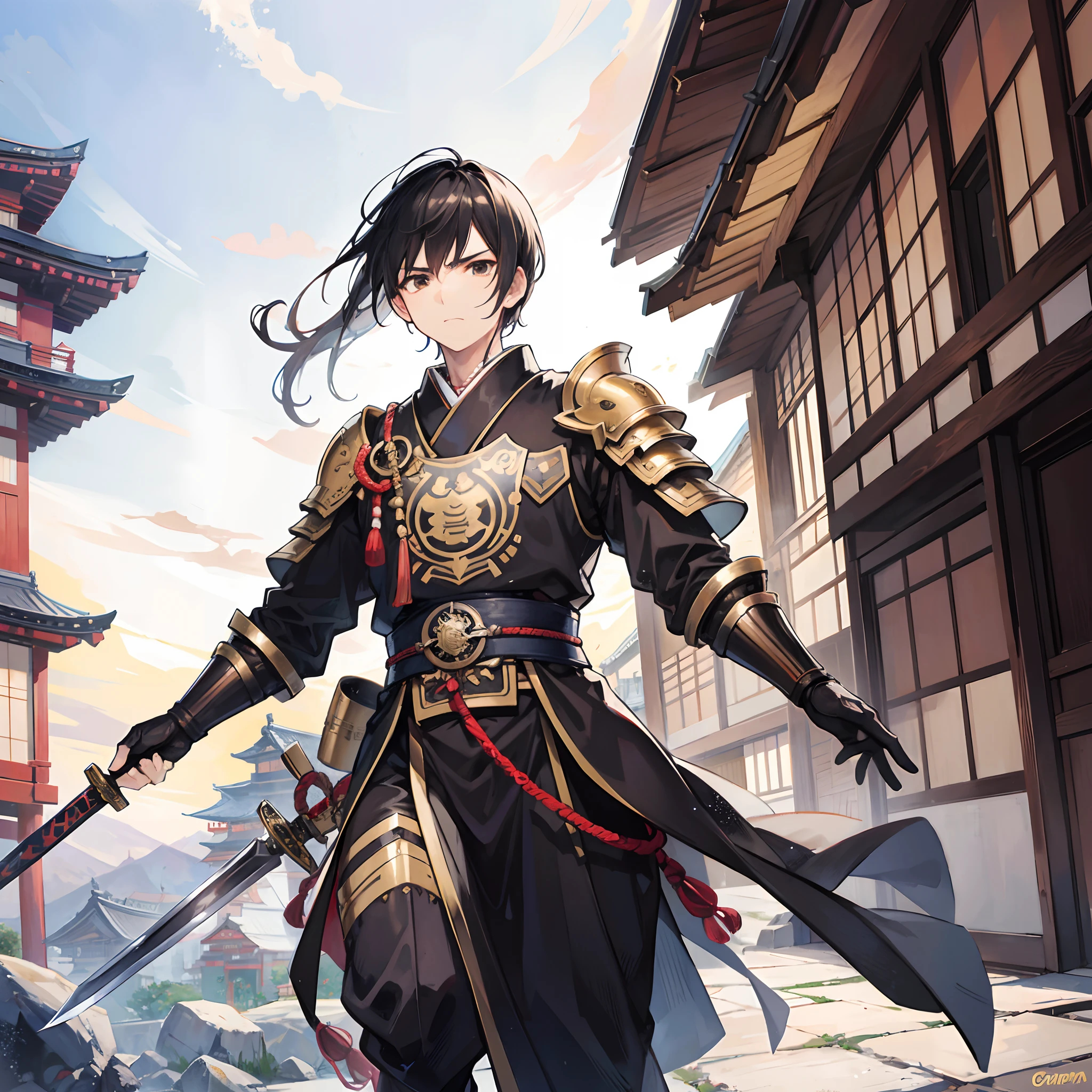 A man holding a sword and shield with mouth wide open, black hair, brown eyes, male paladin, golden armour, traditional Japenese House in background, 8k, Surrealism, Masterpiece, Anime art