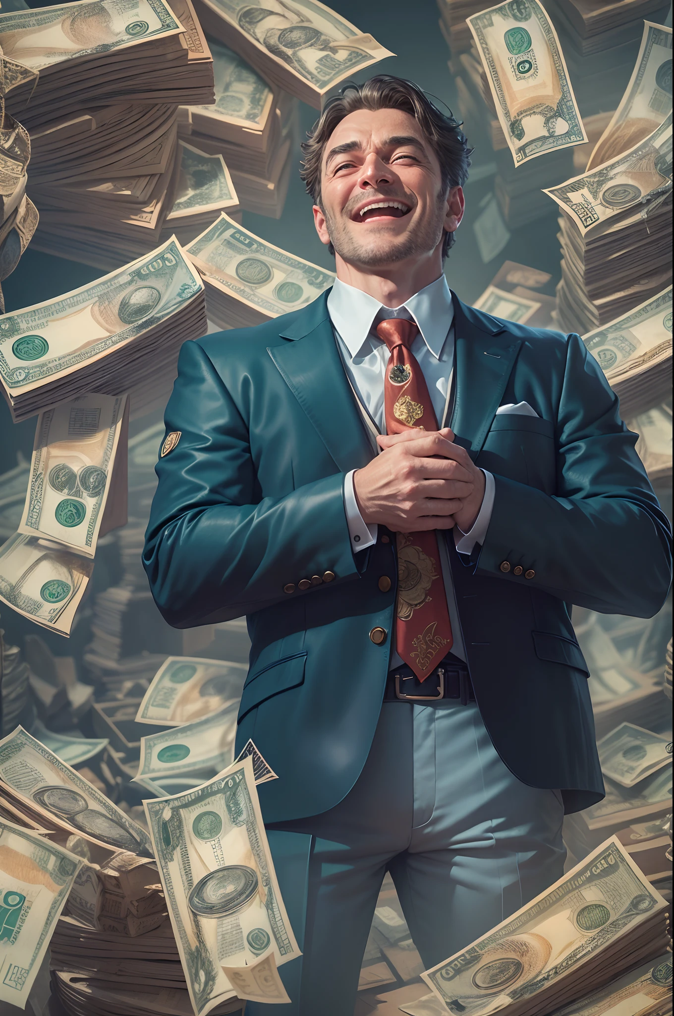 Describe a scenario in which you find yourself facing an incredibly rich man and billionaire. He's holding a giant pile of cash in his hands, and his face is lit up by a wry and smug smile. His eyes sparkle with the satisfaction of his unimaginable wealth, enquanto ele solta uma risada zombeteira. The whole scene exudes an aura of extravagance and superiority. What do you do or say when you stand before this billionaire man, Holding mountains of money and laughing in an ironic way ultra realistic 8k