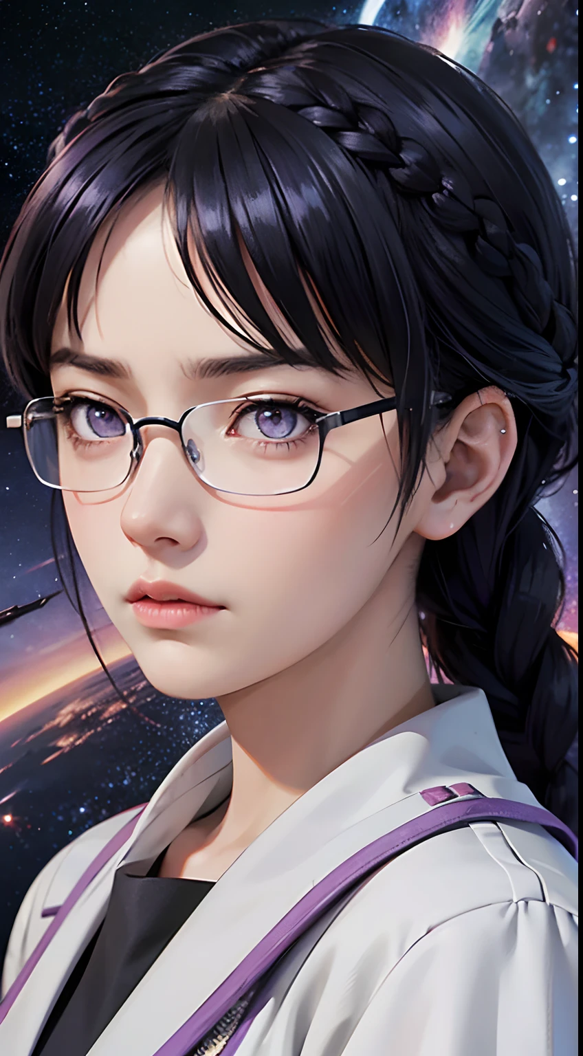 Poster,((Braid Hairstyle : 1.5)),Anime Reference 86 ,Science Fiction,Sci-Fi,Movie Action Movies,Spamosphere,Sky,Battleship,Multiple Characters,Women,Adults, purple Eyes,dark blue Hair,(Pia bangs hairstyle) : 1.8 ),(lavender Glasses),General Uniform,White Commander Uniform,Serious Face Frowning,Realistic Face Detail,Realism,3D Face