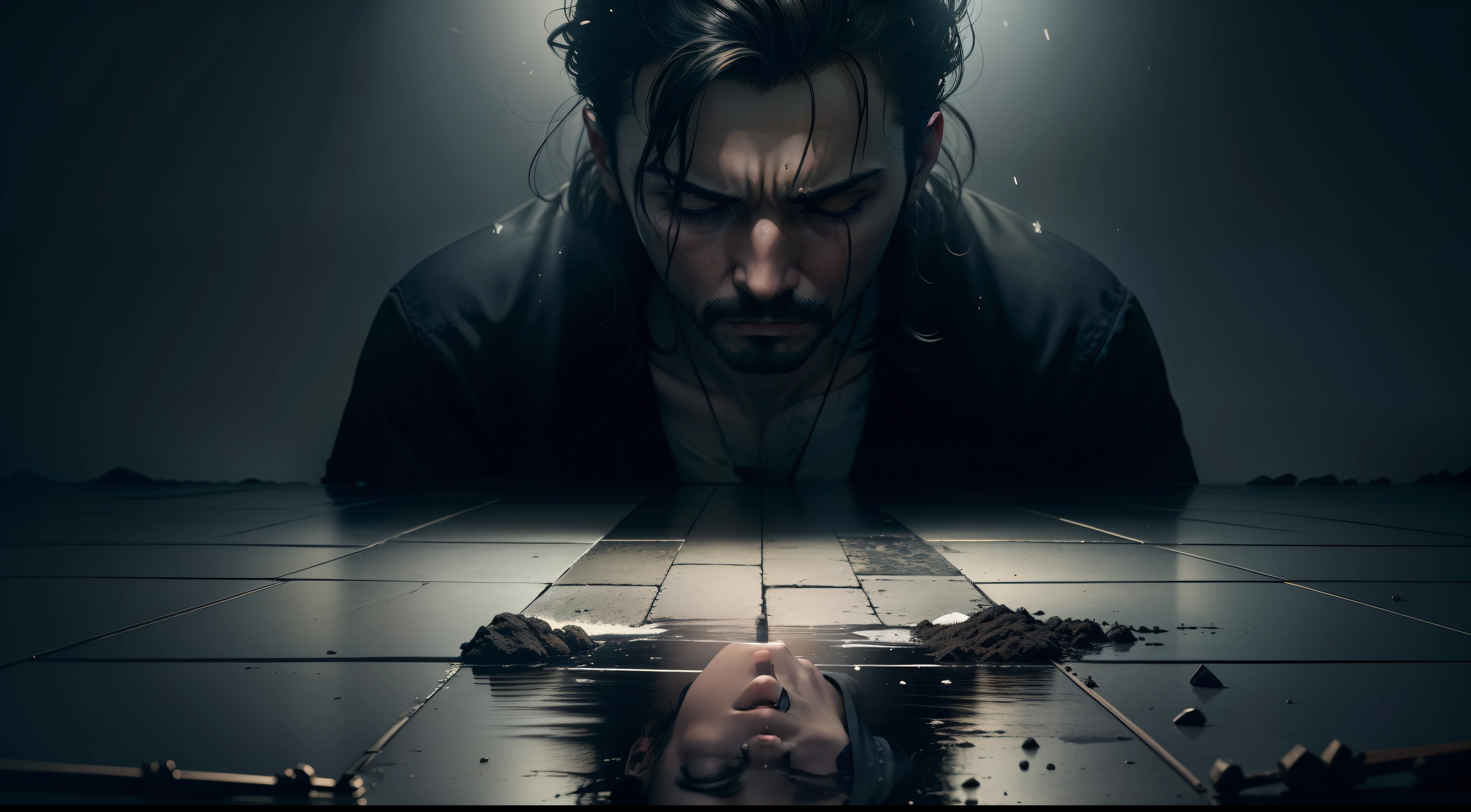 Create an image that summarizes the climax of a serial killer man's story. Visualize elementos que simbolizem a dualidade entre o bem e o mal, como luz e sombra. Convey the feeling of reflection and restlessness as the viewer reflects on the dark events, tais como o uso de magia negra e mortes.