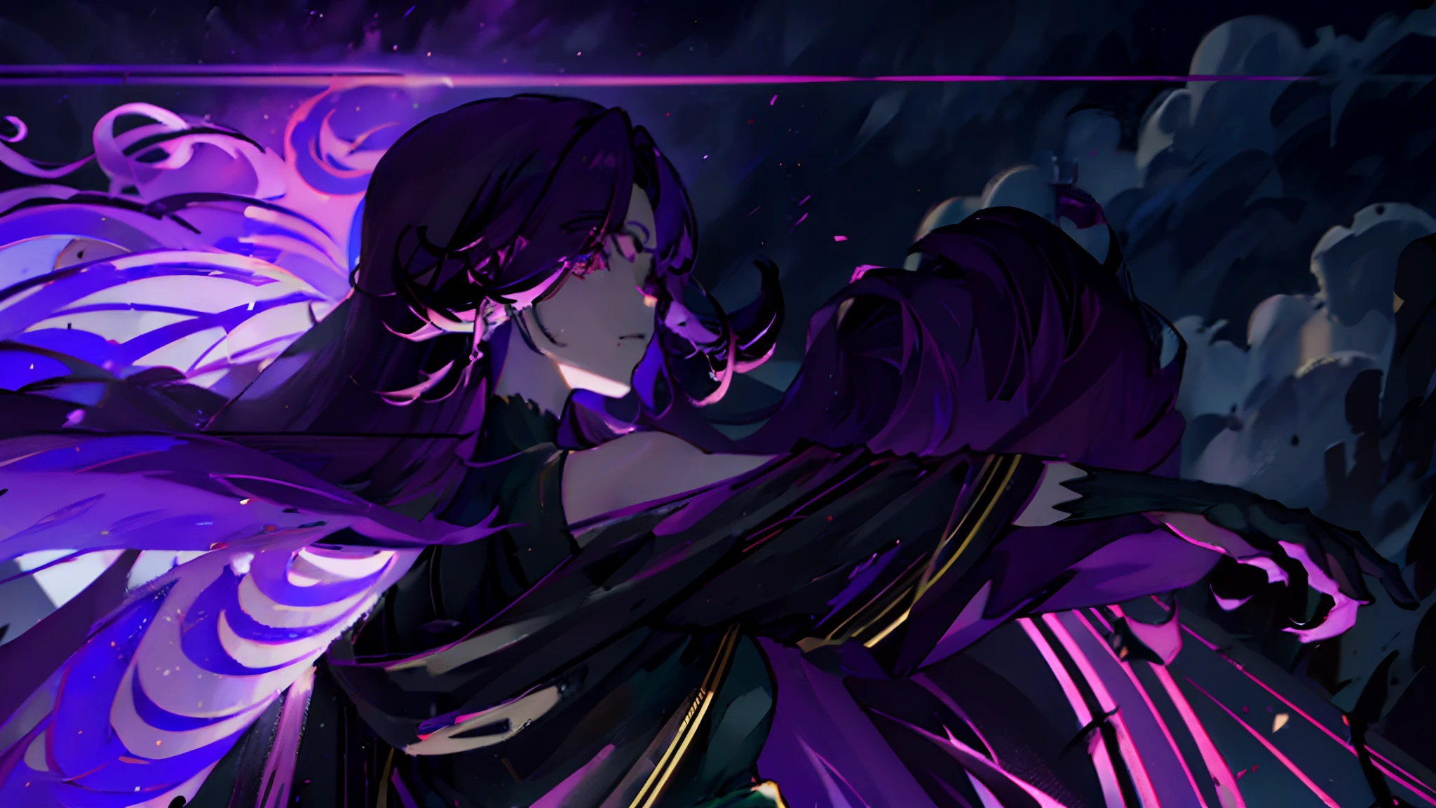 Aurora the eminence in shadow, arm out, magic, purple hair, black robe, exposed shoulder, glowing eyes, purple eye, lustrous hair, gloves, masterpiece, dark background, cinematic lighting, low saturation color scheme