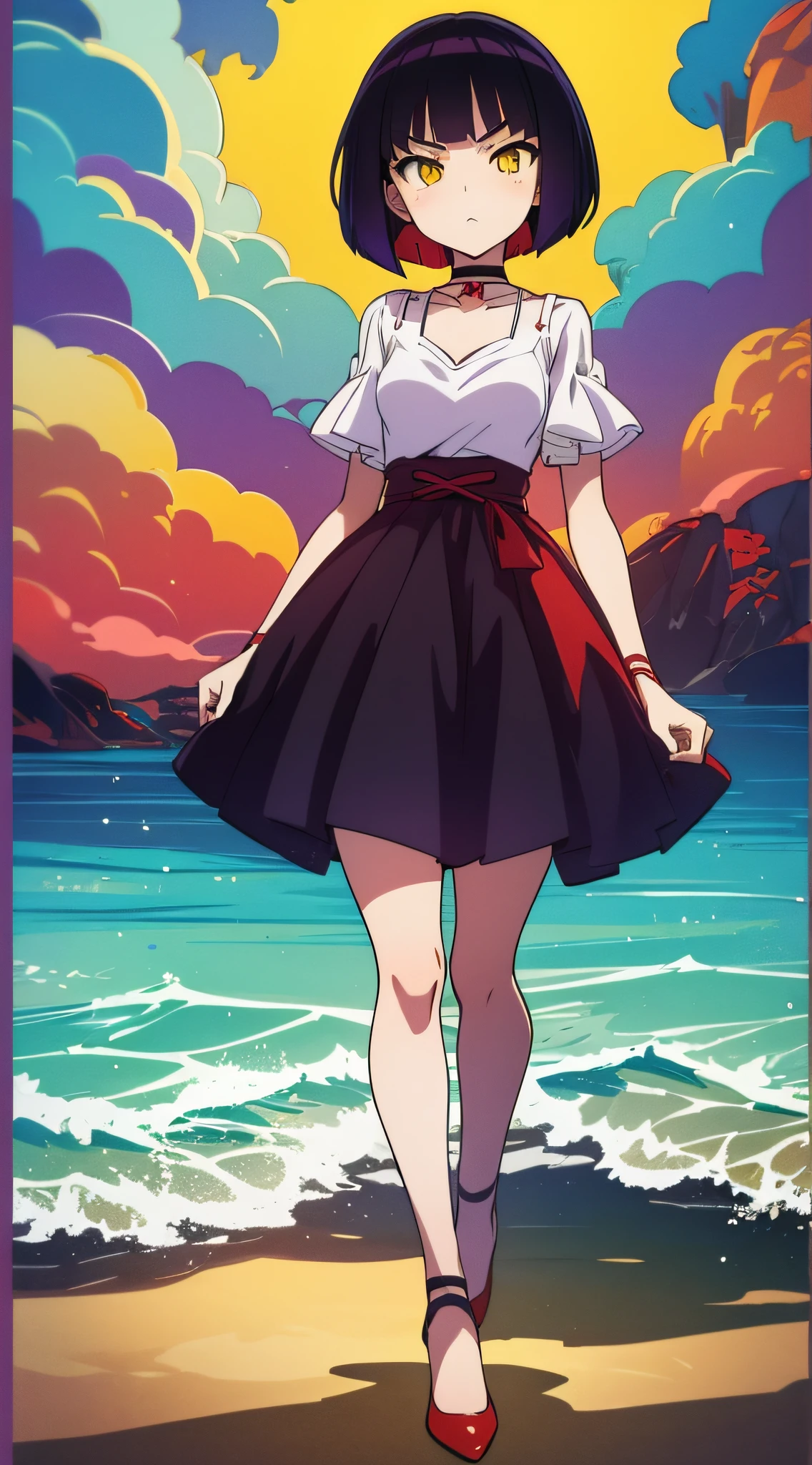 an anime girl、Cat Girl、18year old、Purple bob cut hair、big red ribbon、Yellow Eye、glaring、Slender figure、small tits、a black choker、White blouses、Red dress、Red High Heels、Nestled by the sea