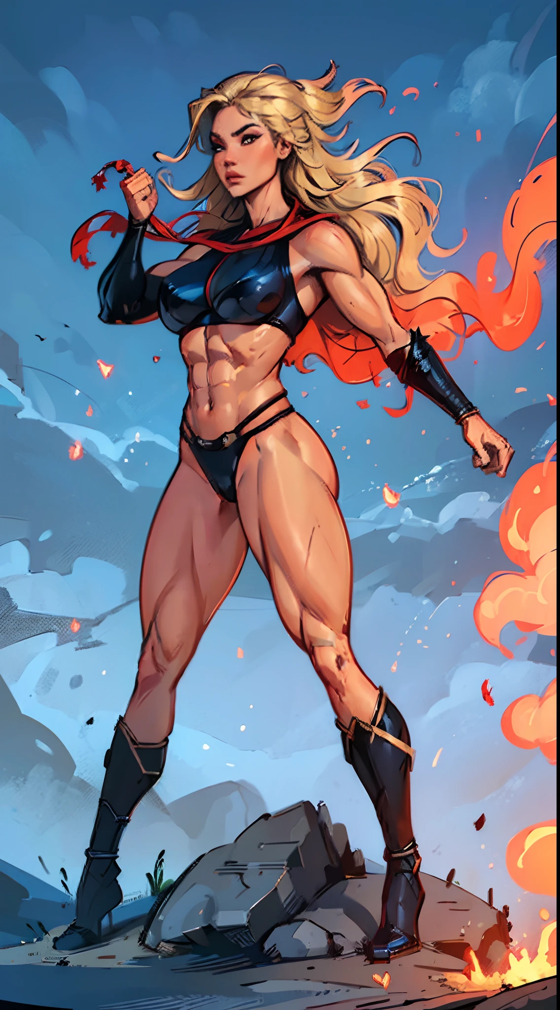 (best quality,ultra-detailed,realistic:1.37)full body ,superhero,woman,steel bikini,blonde hair,medium-sized breasts, red eyes , controling fire ,floating,blue cap,muscular physique,vivid colors,strong lighting,hint of wind,energy aura,combat pose,graceful movement,dynamic background