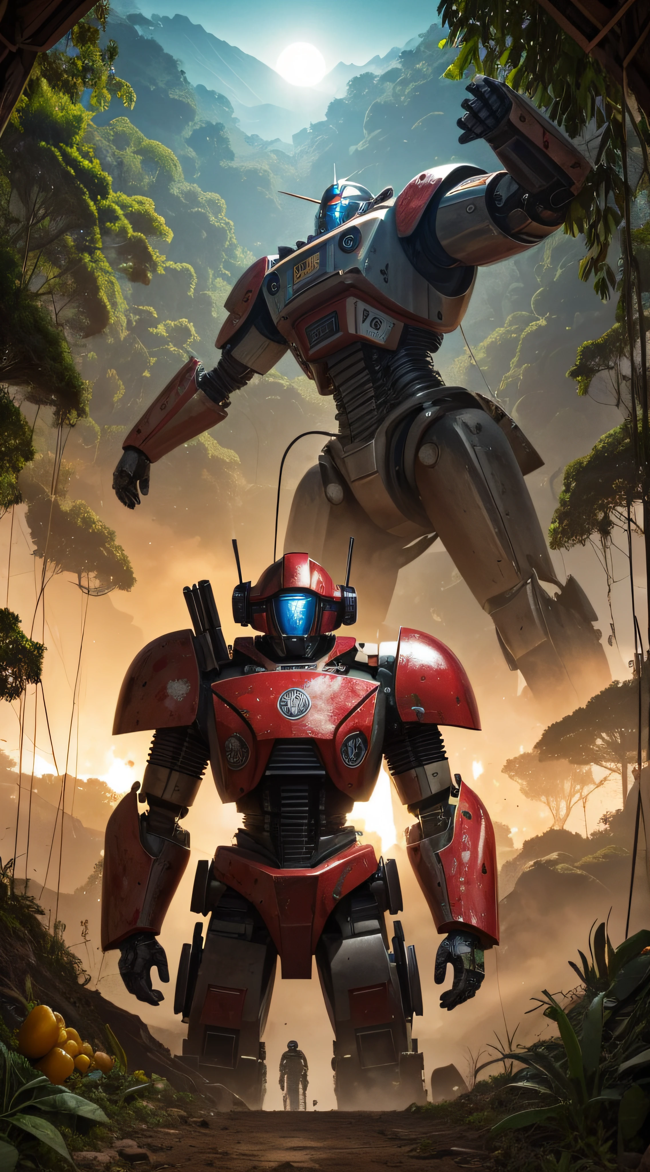 (extremadamente detallado, obra maestra, La mejor calidad, foto antigua, principios de siglo, VHS Aesthetics) Great retro robot with blood in robotic hands. Armas grandes, cannons on his back. motosierras. In the middle of a strange jungle. Vegetables from another dimension. Epic flowers far away, organic trees with meat. Luz noche.