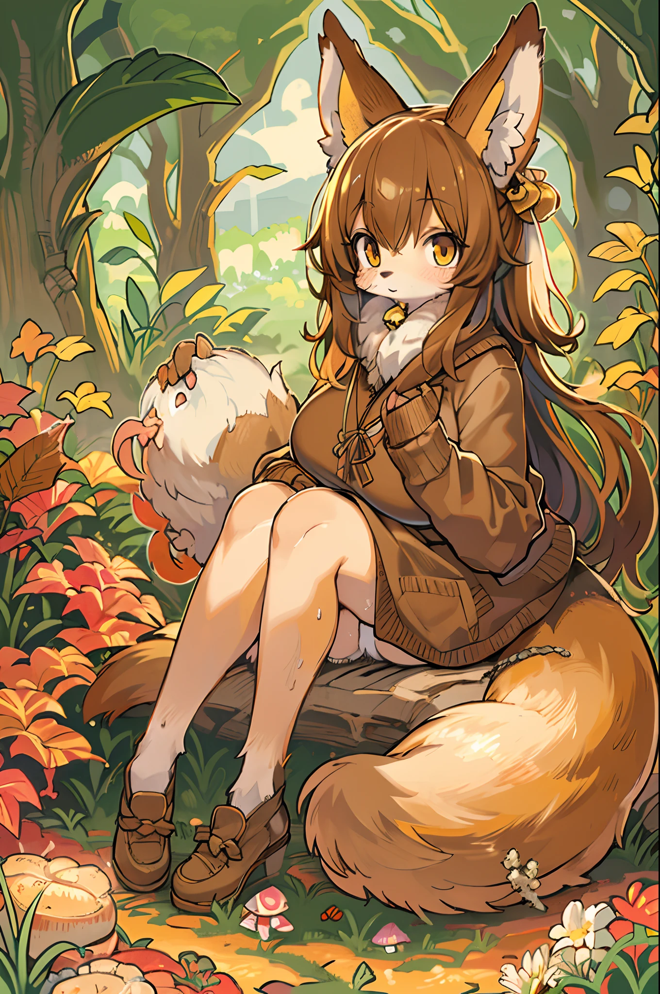 Fox, (Monster Girl), long brown ears with a dark brown inside,,,,, brown fur, Sunburned neck fluff, brown fluffy tail with a yellow-brown tip,,,,, Big brown eyes, wearing modest clothing, Sitting in the flower garden, masutepiece, Best Quality、autumnal、mushroom