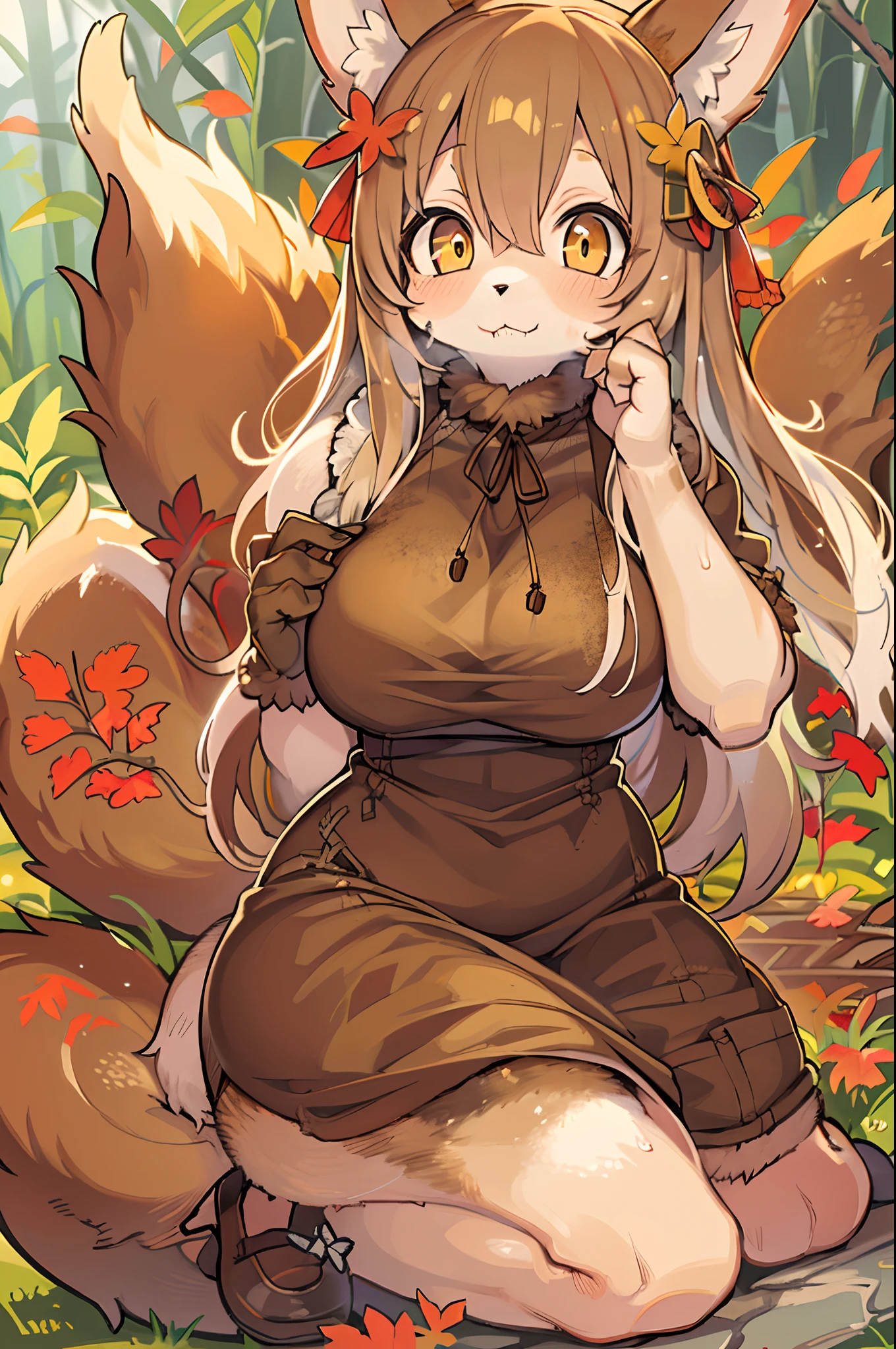 Fox, (Monster Girl), long brown ears with a dark brown inside,,,,,,, brown fur, Sunburned neck fluff, brown fluffy tail with a yellow-brown tip,,,,,,, Big brown eyes, wearing modest clothing, Sitting in the mushroom garden, masutepiece, Best Quality、autumnal,bbw