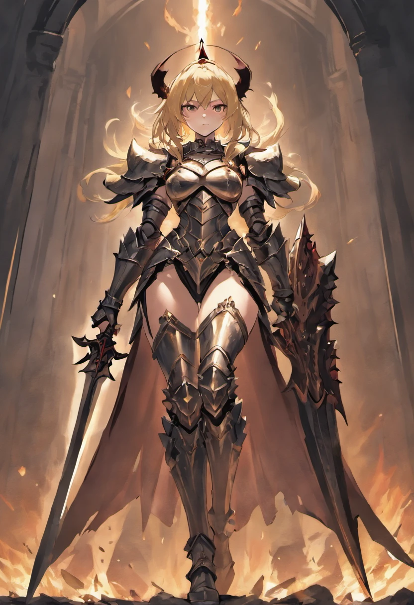 Knight in black armor, Female, large breasts, curvy body, hourglass figure, tattered cape, menacing, sinister, Face hidden away behind helmet, spiky armor, fully armored, cleavage showing, thick thighs, fierce eyes, Detailed armor, stern and cold, holding long sword in one hand, armor on hips and crotch, armor on arms, armor in legs, full body picture, medieval village getting burned down in the background, fire, only one female, angry, a close up of a woman in armor with a sword, bikini armor female knight, female knight, of a beautiful female knight, high detailed official artwork, armor girl, 8k high quality detailed art, portrait knight female, thick armor, but the armor covers her face, beautiful female knight, female assassin, badass anime 8 k, pale black armor, 4k detailed art