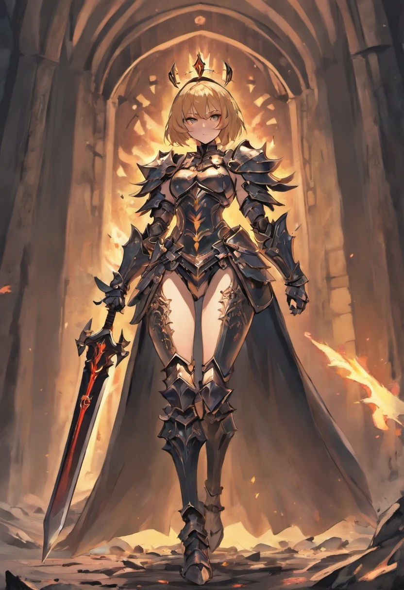 Knight in black armor, Female, large breasts, curvy body, hourglass figure, tattered cape, menacing, sinister, Face hidden away behind helmet, spiky armor, fully armored, cleavage showing, thick thighs, fierce eyes, Detailed armor, stern and cold, holding long sword in one hand, armor on hips and crotch, armor on arms, armor in legs, full body picture, medieval village getting burned down in the background, fire, only one female, angry, a close up of a woman in armor with a sword, bikini armor female knight, female knight, of a beautiful female knight, high detailed official artwork, armor girl, 8k high quality detailed art, portrait knight female, thick armor, but the armor covers her face, beautiful female knight, female assassin, badass anime 8 k, pale black armor, 4k detailed art