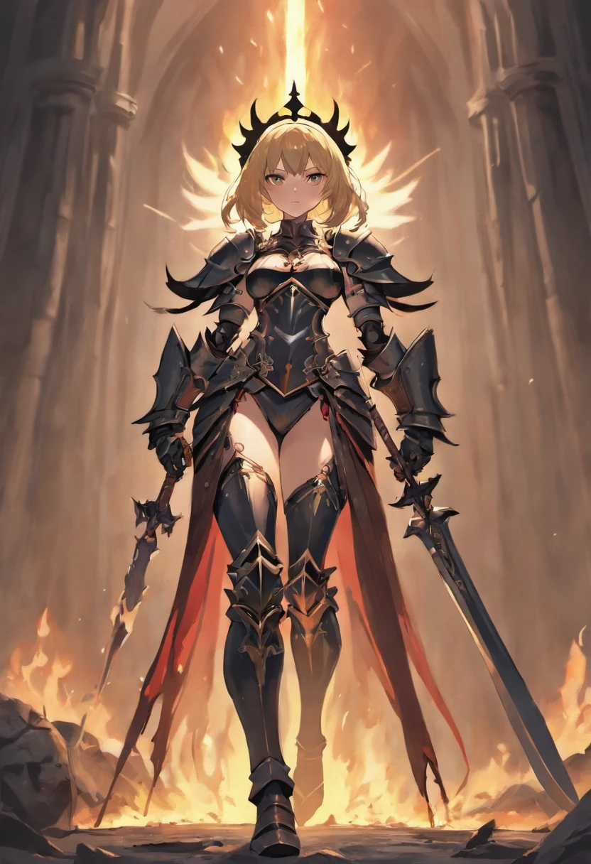 Knight in black armor, Female, large breasts, curvy body, hourglass figure, tattered cape, menacing, sinister, Face hidden away behind helmet, spiky armor, fully armored, cleavage showing, thick thighs, fierce eyes, Detailed armor, stern and cold, holding long sword in one hand, armor on hips and crotch, armor on arms, armor in legs, full body picture, medieval village getting burned down in the background, fire, only one female, angry, a close up of a woman in armor with a sword, bikini armor female knight, female knight, of a beautiful female knight, high detailed official artwork, armor girl, 8k high quality detailed art, portrait knight female, thick armor, but the armor covers her face, beautiful female knight, female assassin, badass anime 8 k, pale black armor, 4k detailed art