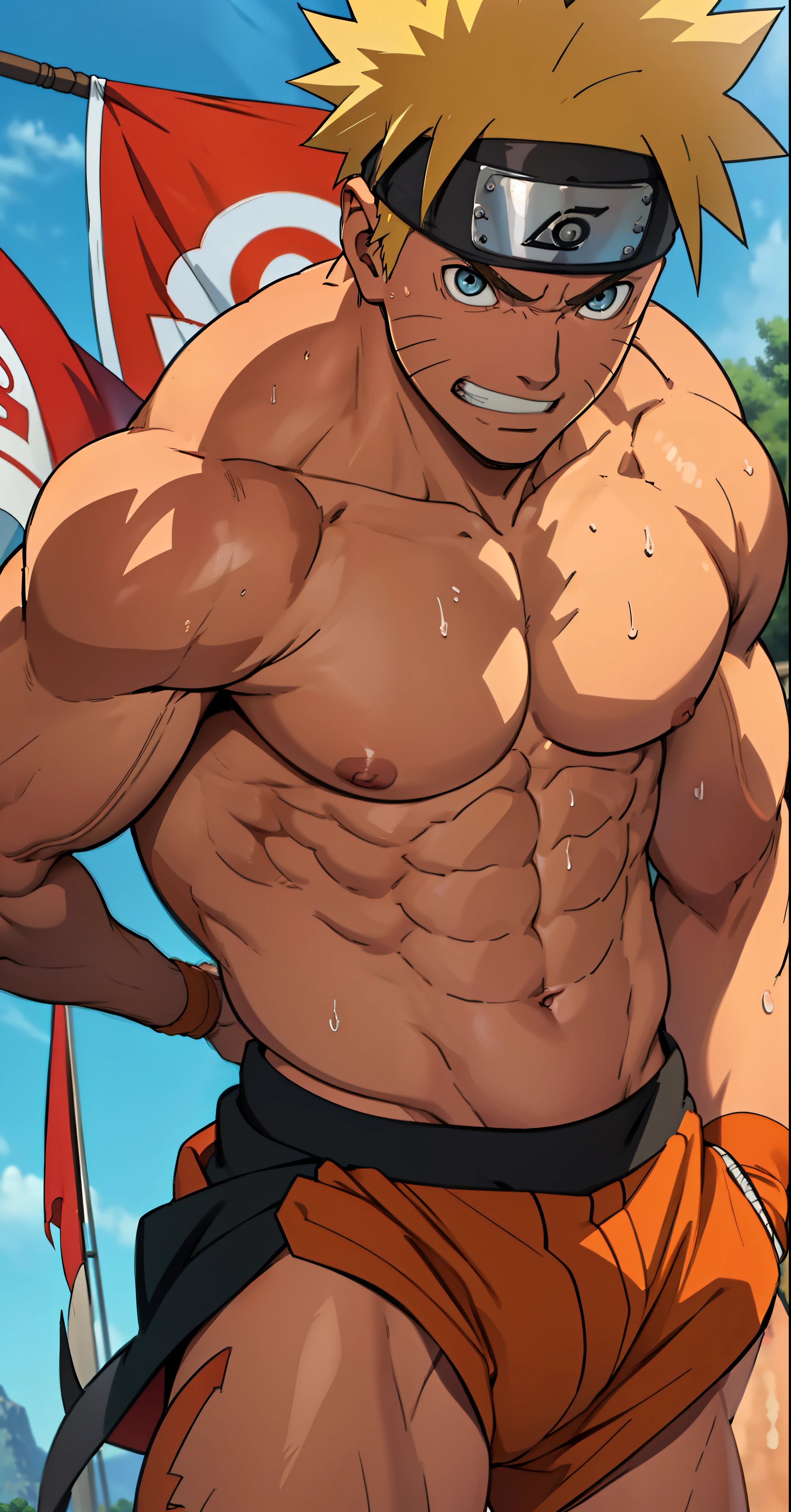 (Full body) (photo subject: Close-up of muscular thigh muscles ) (photo angle from bottom up)(Drawings of Naruto anime) (photo angle from the ground upwards) [Anime photo][highest quality photo][4k,HD photo quality]  wear tight loincloths (muscular thigh muscles, firm thigh muscles, muscular thigh muscles, sinewy thigh muscles, giant thigh muscles, strong leg muscles, muscular hamstring leg muscles) ,Uzumaki Naruto fun, happy,bodybuilder,bodybuilding, standing, red skin,reddish brown skin, lots of sweat flowing down, topless, shirtless, hot sunny, (do not wear banners,do not wear headbands)