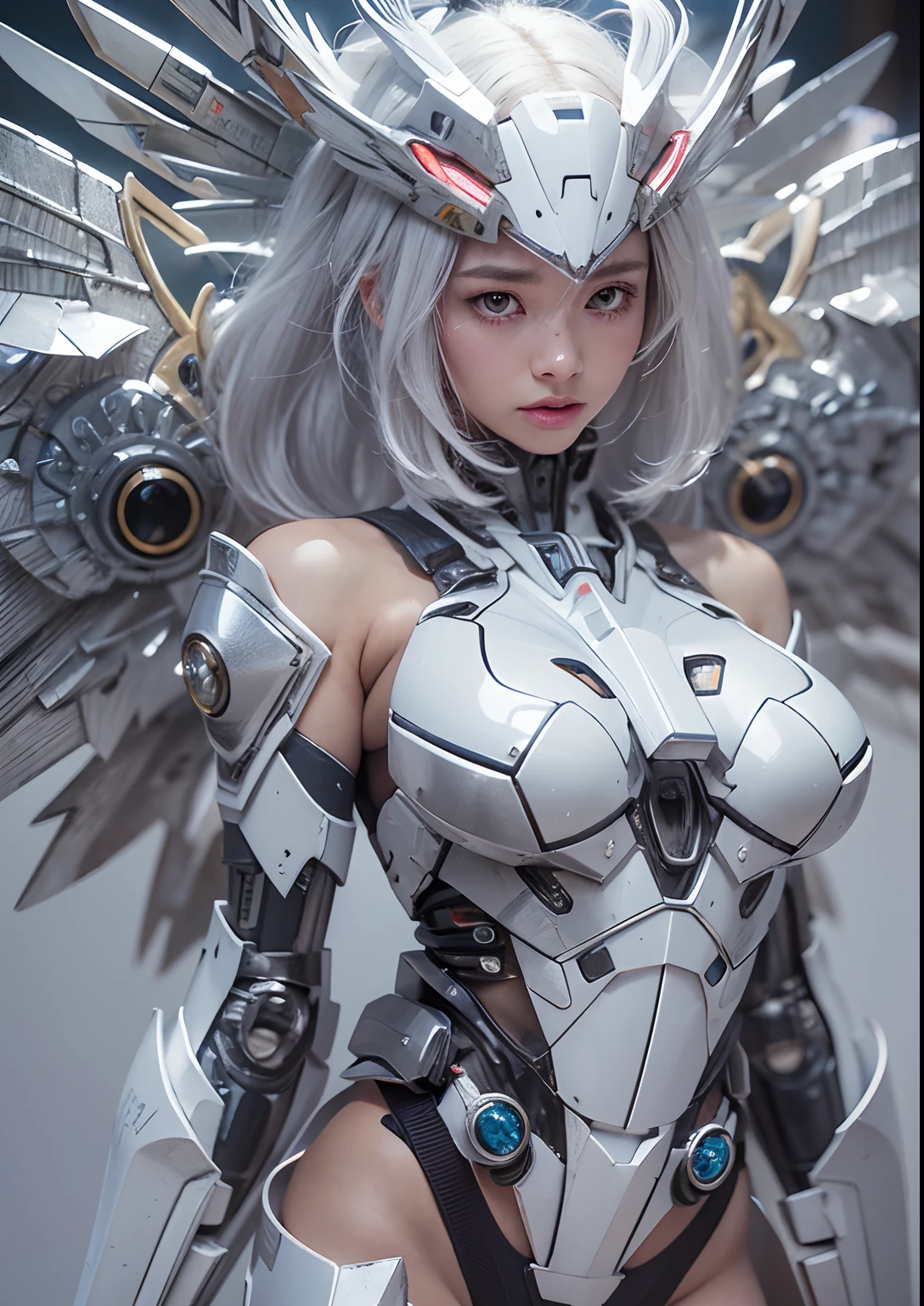 top-quality、​masterpiece、超A high resolution、(Photorealsitic:1.4)、Raw photo、Battle Cyborg Angel、large wings made of metal、White porcelain body、Acrylic Clear Cover、white hair、glowy skin、1 Cyborg Girl、((super realistic details))、portlate、globalillumination、Shadow、octan render、8K、ultrasharp、character edge light,Colossal tits、Raw skin is exposed in cleavage、Details of complex ornaments、Double Zeta Gundam details、Hydraulic cylinder、Small LED lamp、highly intricate detail、Realistic light、a purple eye、radiant eyes、Facing the camera、neon details、cowboy shot、Futuristic headgear、About Cyberpunk, ((A superb exquisite Filipino real beautiful girl))