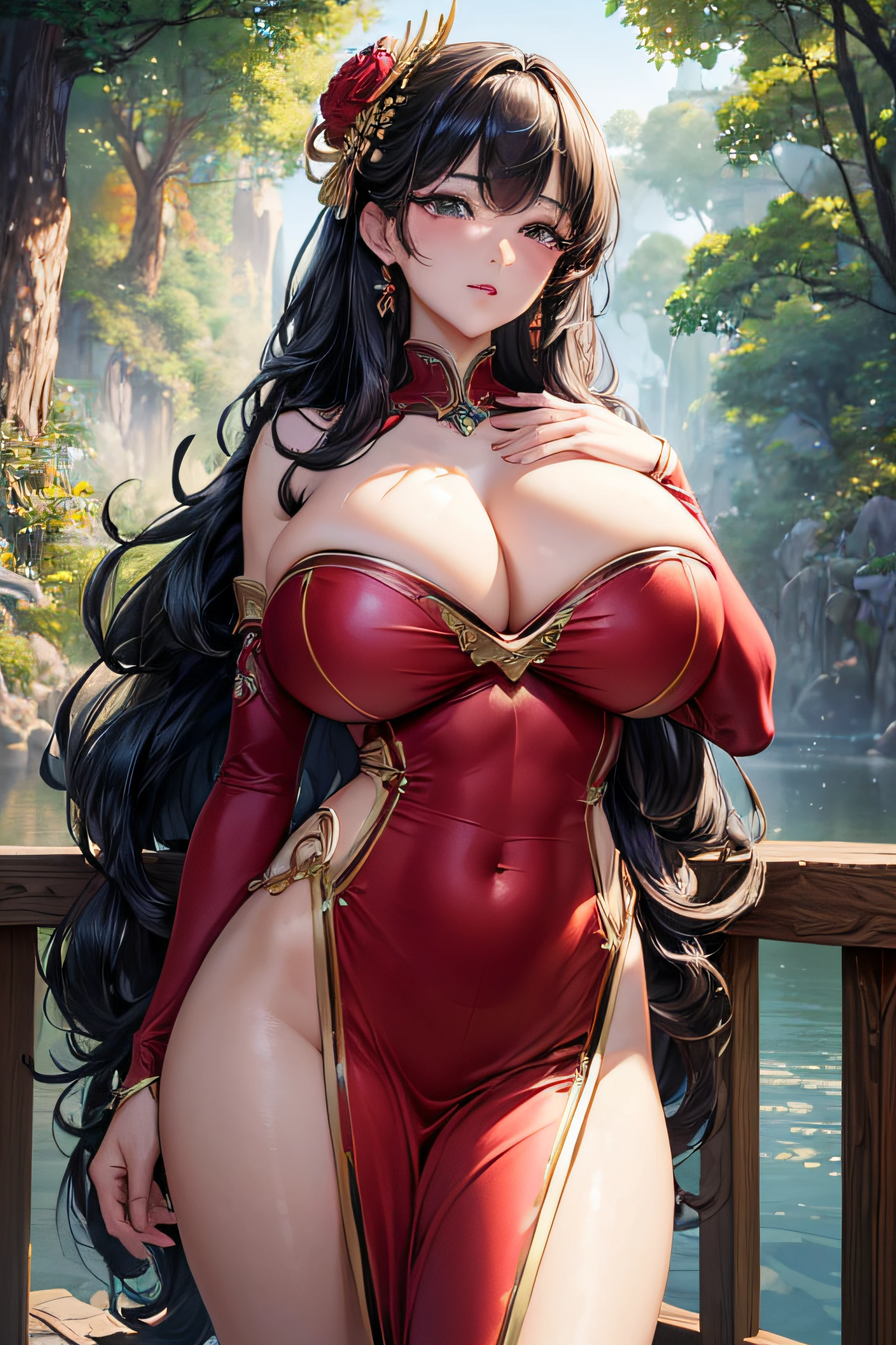 (Best Quality, 8k, 32k, Masterpiece, UHD:1.5), Photo of Attractive Japanese Woman, 1 Girl, (gigantic Boobs:1.2), (long wavy hair), Abs, Perfect Body, Ultra Detailed Face, Detailed Lips, Fine Eyes, double eyelids, red tight dress, nature background.