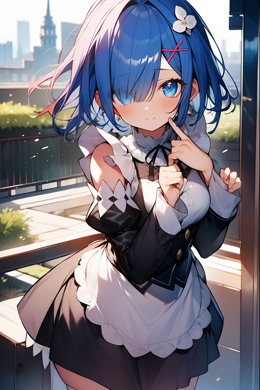 rezerorem, rem, blue eyes, blue hair, hair ornament, hair over one eye, hair ribbon, short hair, x hair ornament,
BREAK apron, black ribbon, black skirt, black sleeves, detached collar, detached sleeves, flower, frilled apron, frilled skirt, frills, head wreath, long sleeves, maid, miniskirt, neck ribbon, purple ribbon, ribbon, ribbon trim, ribbon-trimmed sleeves, roswaal mansion maid uniform, short hair, skirt, thighhighs, waist apron, white apron, white thighhighs,
BREAK outdoors, city,
BREAK looking at viewer,
BREAK (masterpiece:1.2), best quality, high resolution, unity 8k wallpaper, (illustration:0.8), (beautiful detailed eyes:1.6), extremely detailed face, perfect lighting, extremely detailed CG, (perfect hands, perfect anatomy),
