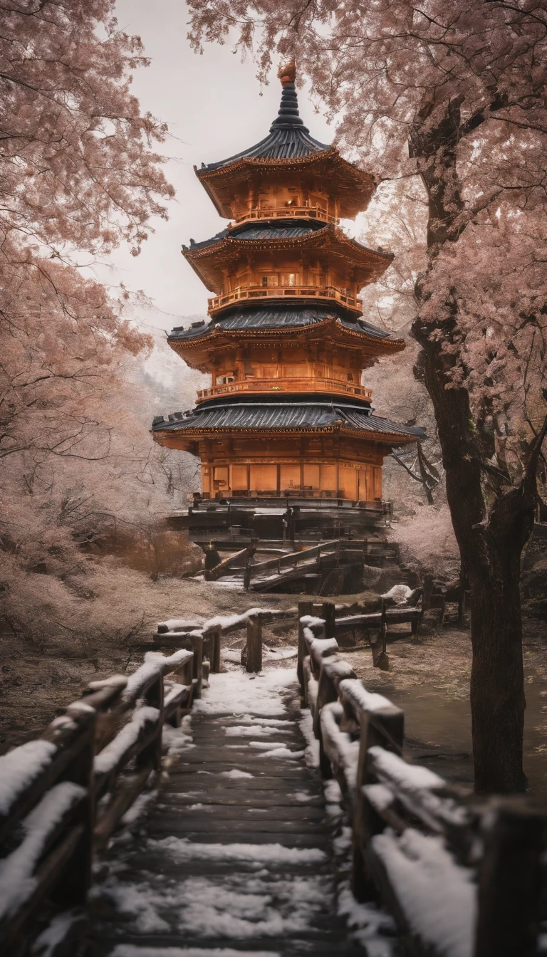 Detailed five-storied pagoda, Beautiful snow makeup, Flow of pastel colors