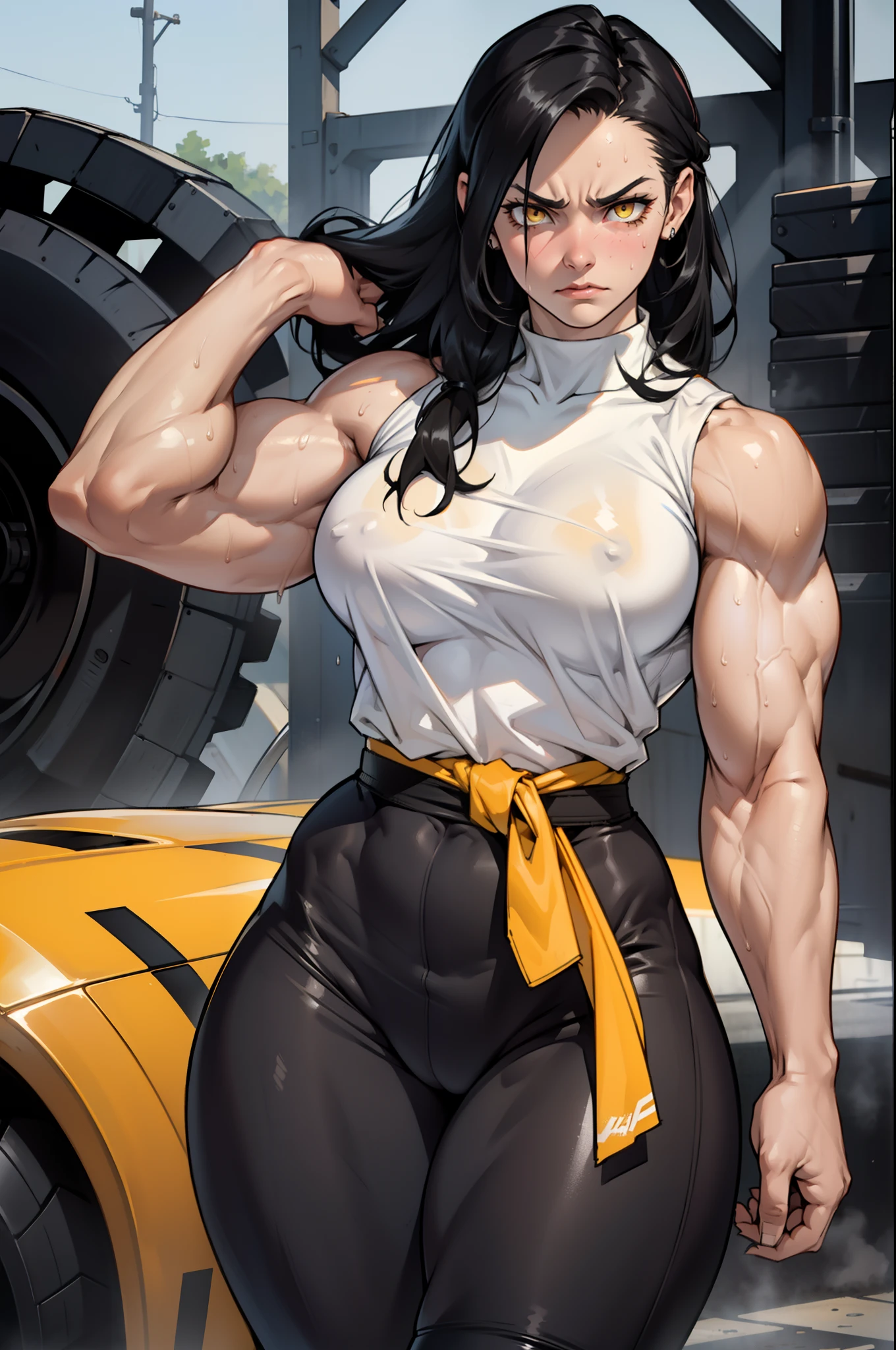 black hair, yellow eyes, solo, sweaty, shiny skin, angry, pale skin, ((((((muscular, 1girl)))))), curvy, thin waist, very long hair, sweaty, perky breasts, sleeveless shirt, leggings