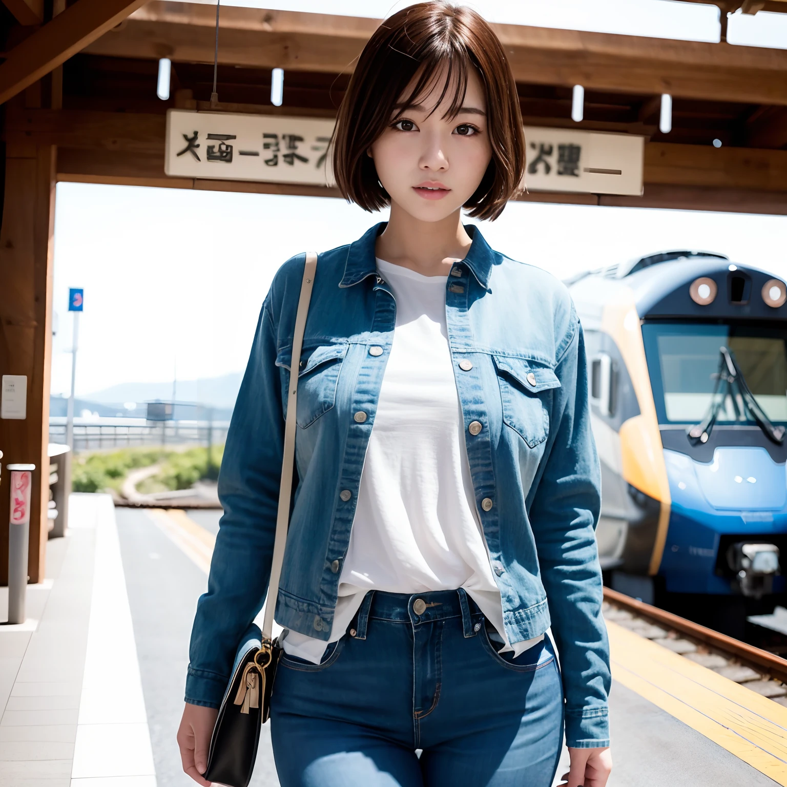 (8k, best quality, masterpiece:1.2), High detail RAW color photo, professional photograph, half body shot, (photo realistic:1.37), ((best quality)), 1 japanese girl, cinematic light, (finerly detailed face:1.2), (smiling:0.3), (looking at viewer:0.3), train station, blue jeans, white shirt, short hair, black eyes