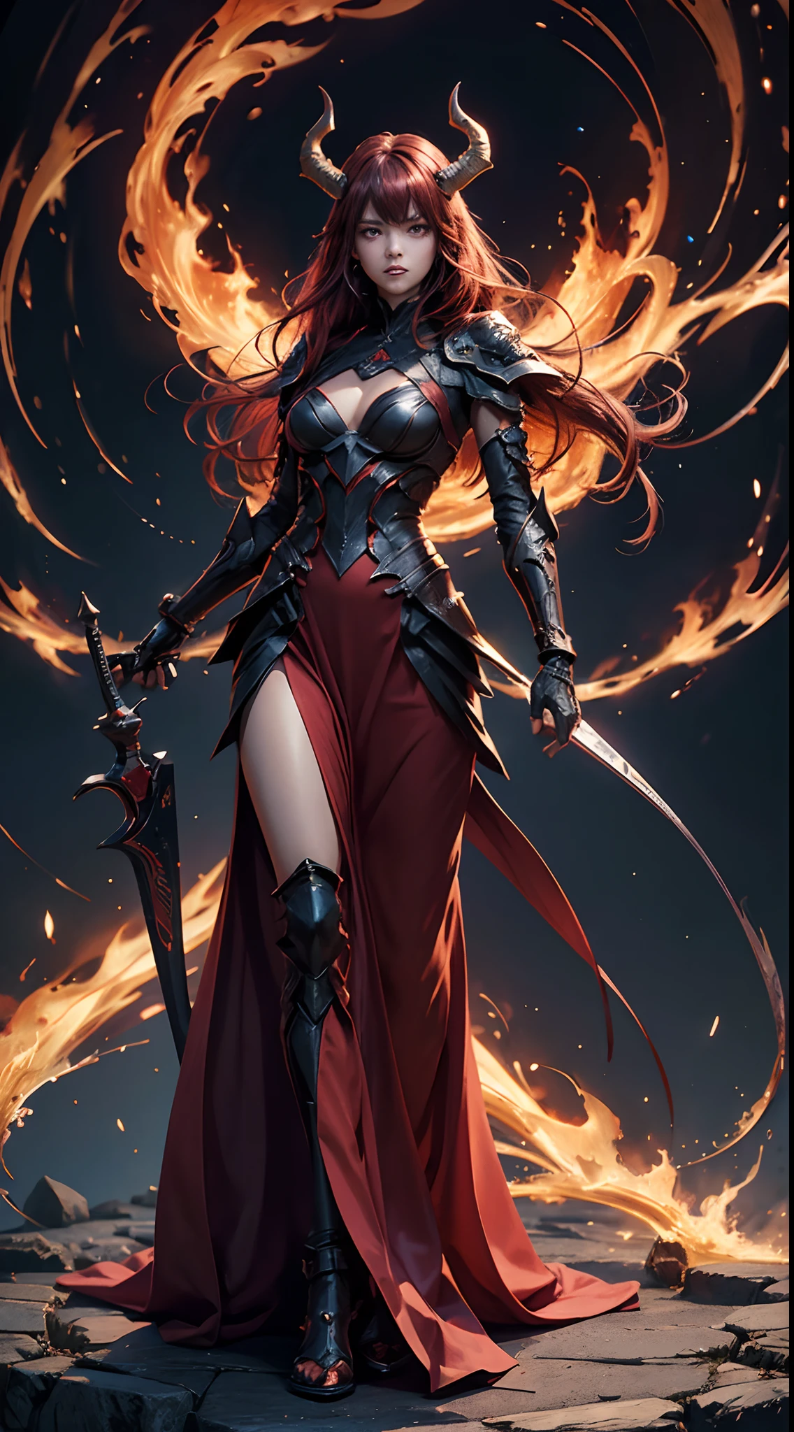 a digital art, fantasy, full body, ultra detailed, looking at the viewer, a woman [imposing, threatening:1.2], with clean lines, simple shapes, and focus on composition and balance, (no backround:1.5), wearing a long dress, with long hair [flowing, red:1.2], flaming horns, high-quality eyes [glowing, red:1.8], medium light, with soft lighting and shadows, focus on the character details, inspired by the Japanese animation Fate, by the studio Ufotable Inc, with delicate lines, flat colors and emphasis on pattern and composition.