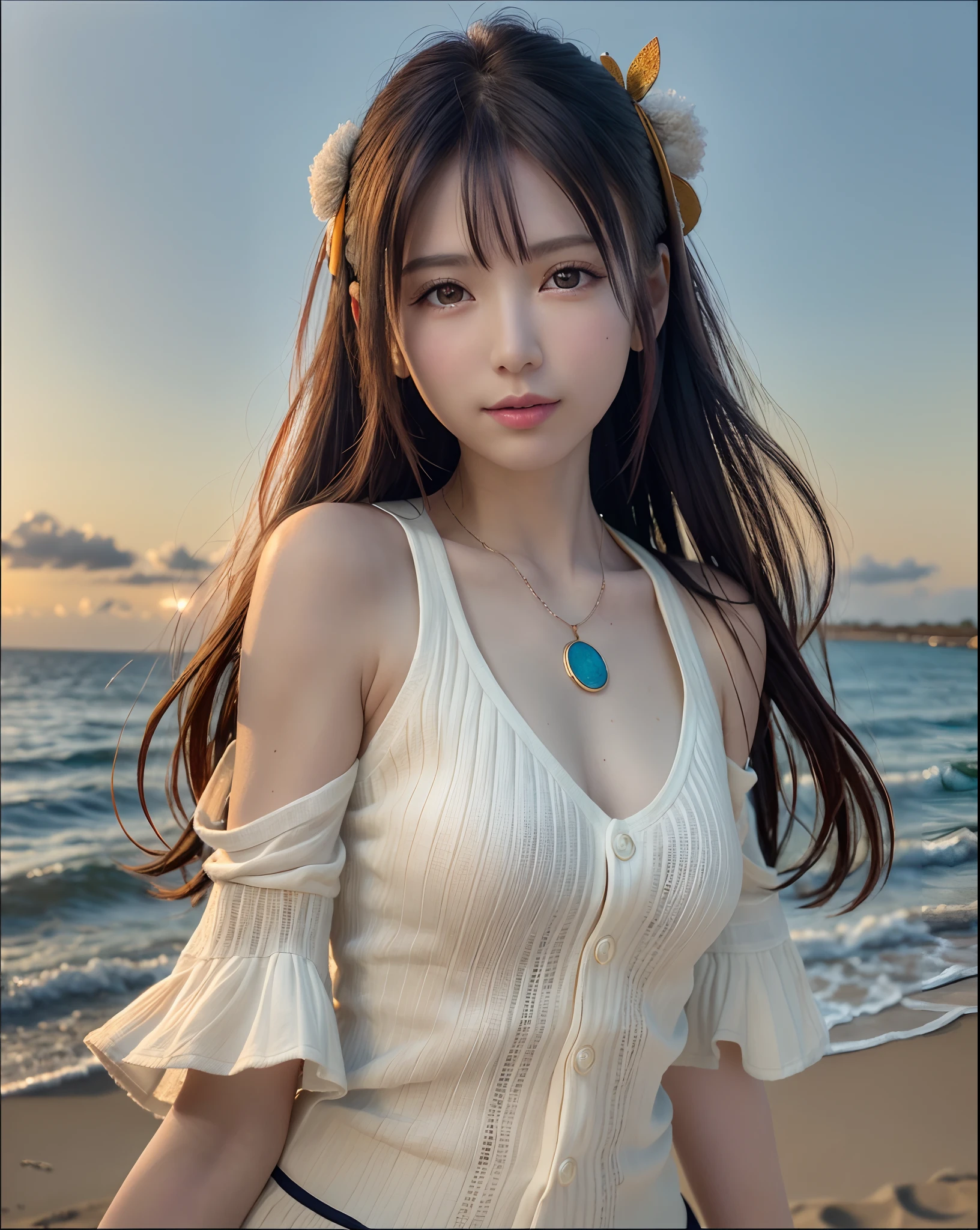 (The upper part of the body), (top-quality:1.1) ,(Photorealsitic:1.1), (a picture:1.1), (ighly detailed:1.1), see the beholder,Armbands, Jade Bracelet,happiness, medium chest,a beautiful detailed girl, (extremely detailed eye and face), (lighting on the face), a necklace,colourful clothes,[off shoulders], (独奏:1.2), sand beach,sand beach,Standing on the seaside, 夏天, (Beautiful detailed sky),