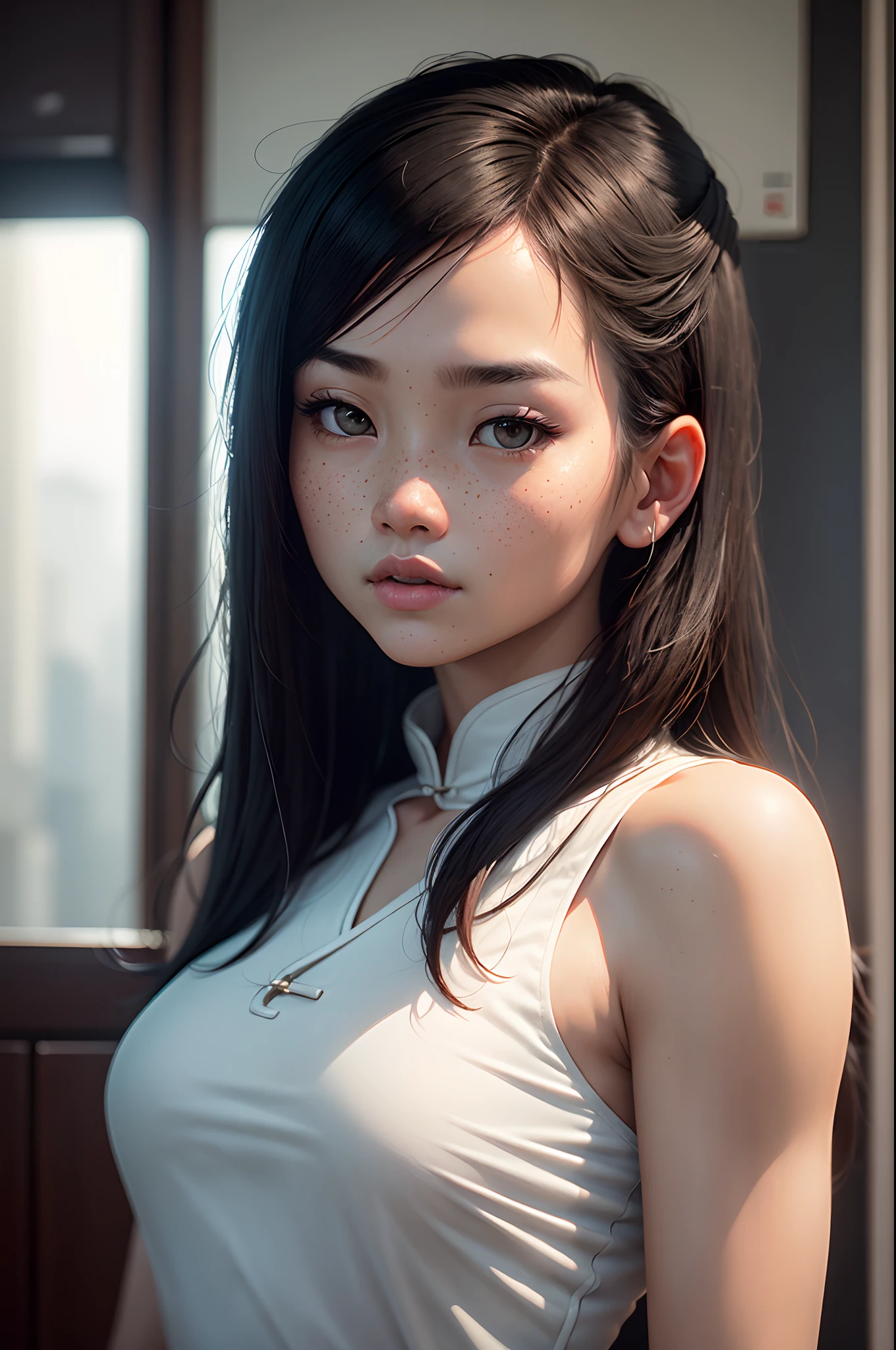 A girl with freckles, mysterious, inspiration, guardian, 1980s Hong Kong, East meets West, intimate portrait composition, close-up shot, 80mm film, ultra-high definition, direct eye contact, backlighting, realistic, Unreal Engine, cute, shoulder-length hair, white cheongsam, 3D collectibles