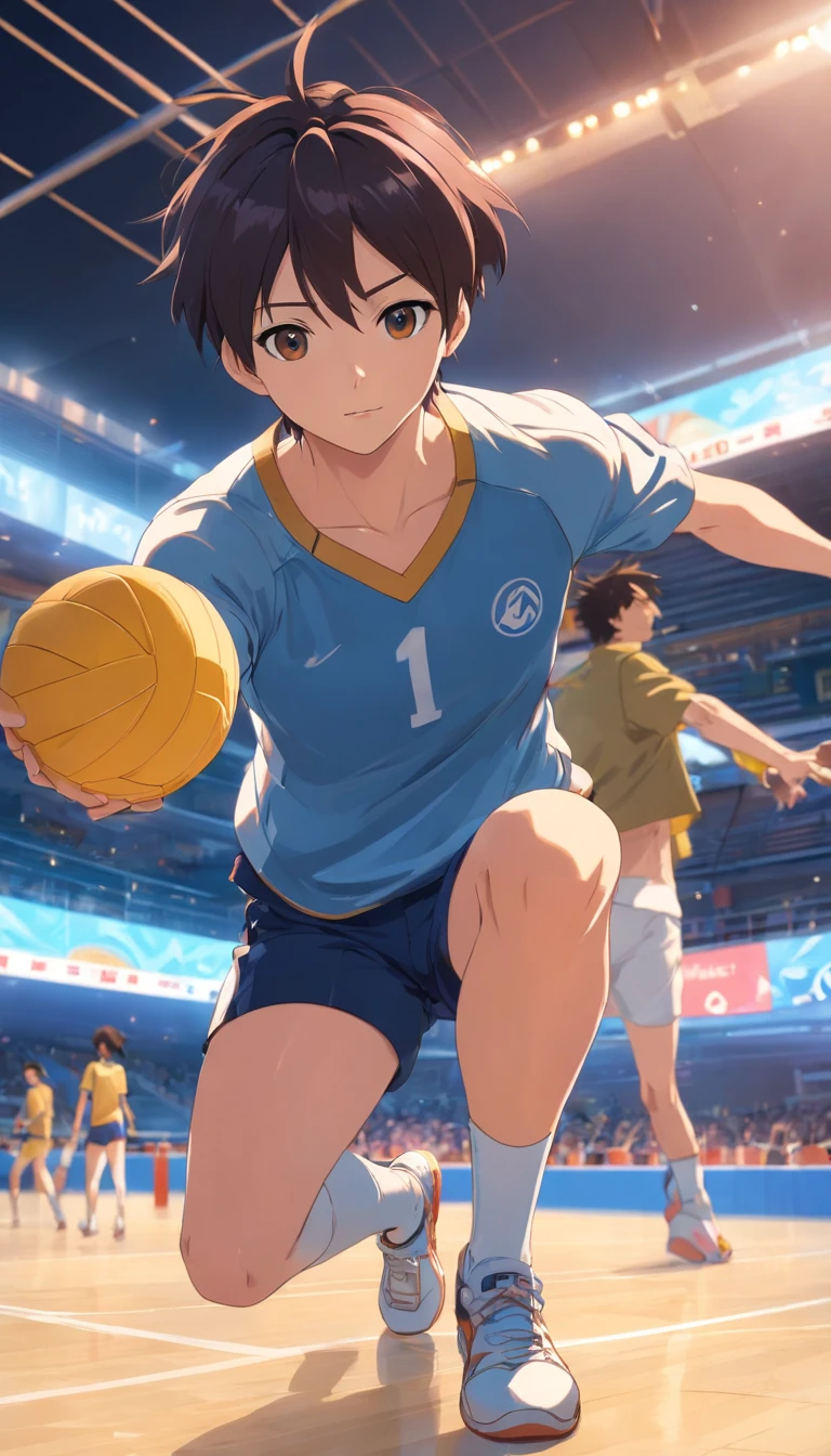 35mm camera lens,cool guy,athlete,volleyball,detailedbackground,Asian Games,Full body like,True skin texture,Smudge,Accurate facial features,dynamic blur,super-fine,ultra - detailed,high qulity,8K ,oc rendered,dynamic viewing angle,Hyper Real,Ultra photo realsisim