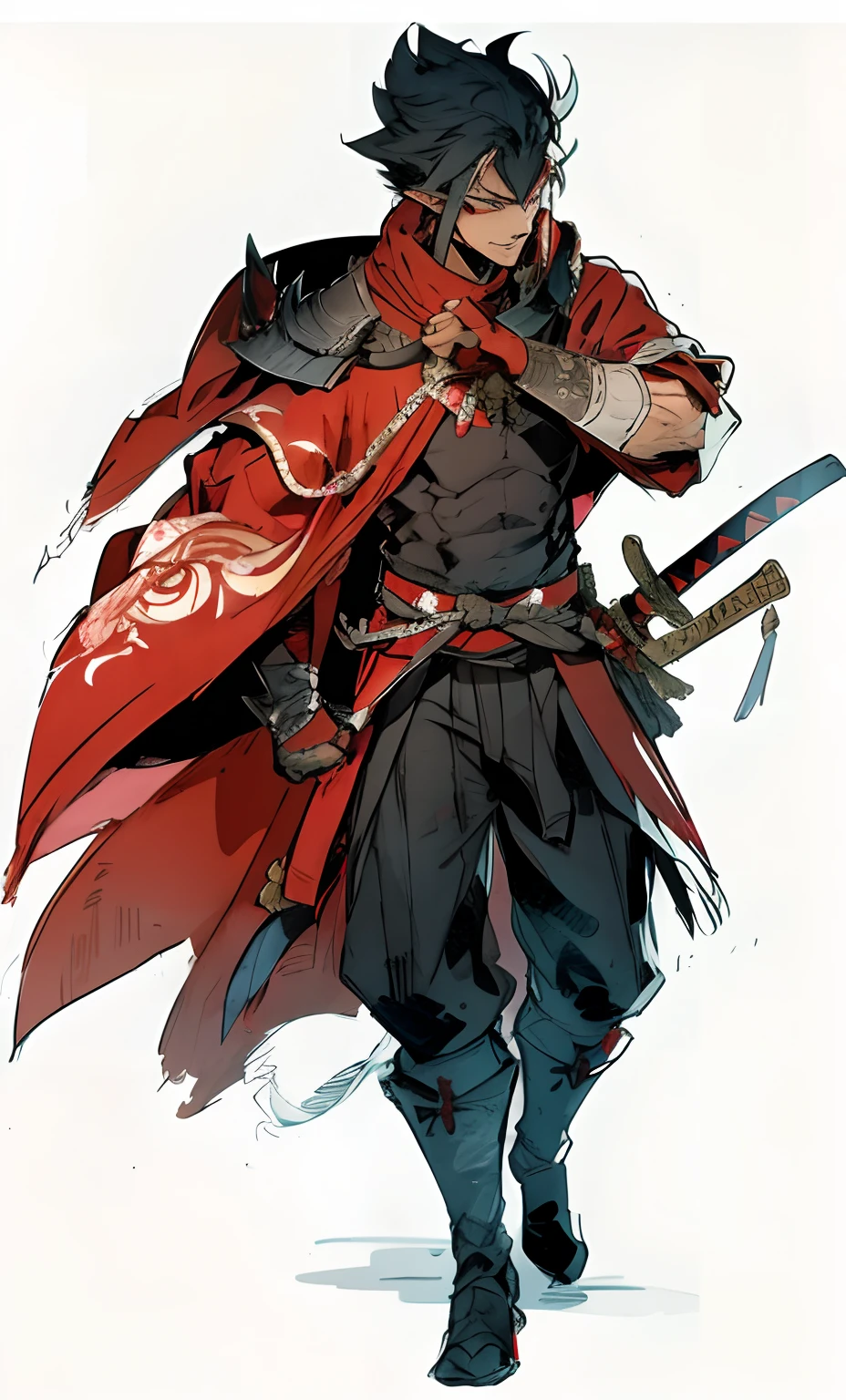 character with a red cape and sword in his hand, dark elf, samurai, angel, monk