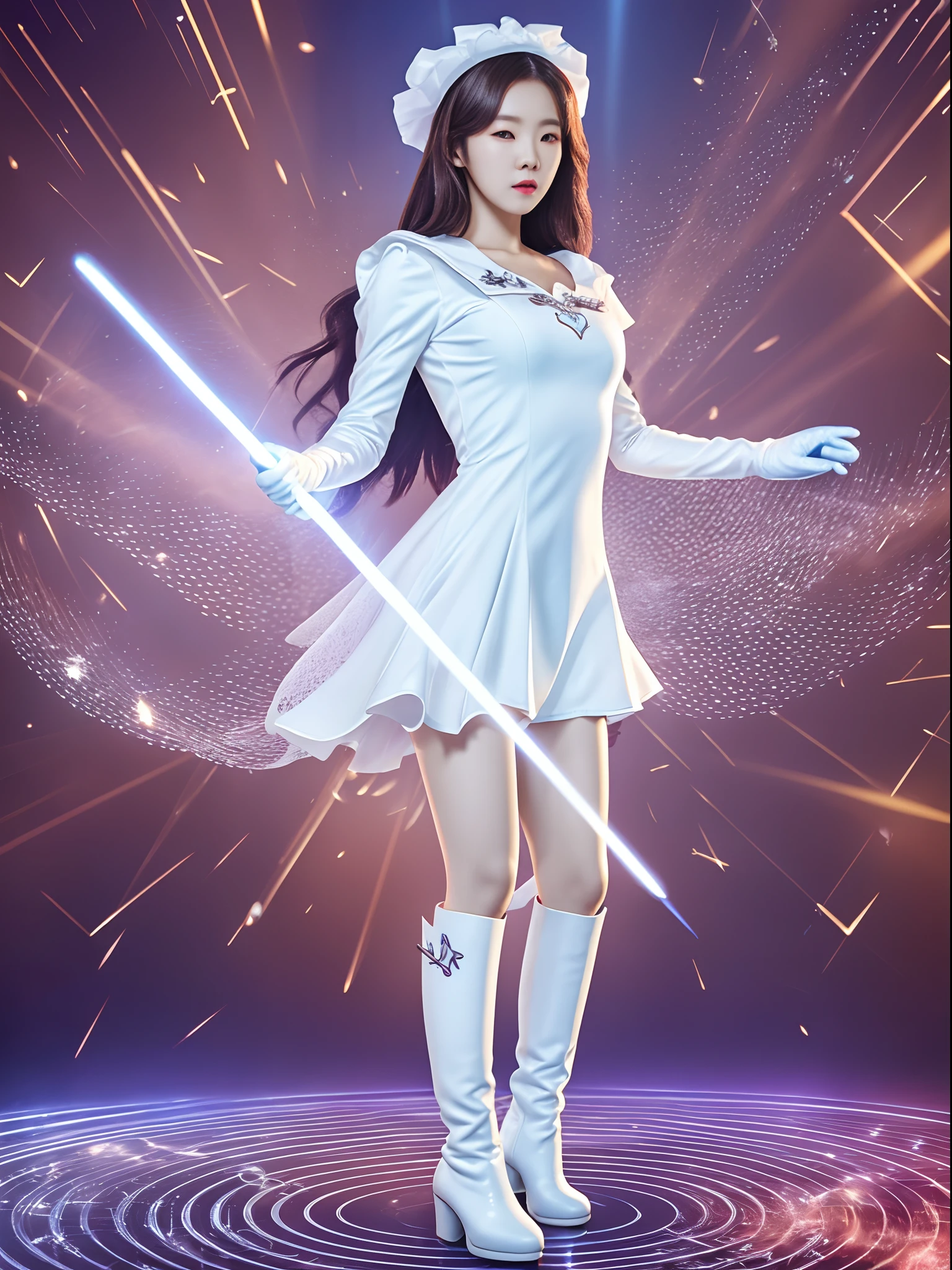 High-end CG Korean girl Irene sparkle special effects transformed into a uniform，Dressed in delicate musical symbols，White cape blue gloves boots+Wand Music Girl，The whole body emits a mysterious light，Superhuman strength，，soio，Realistic superpower special effects 100%Music Symbol Effects shows full-body shots