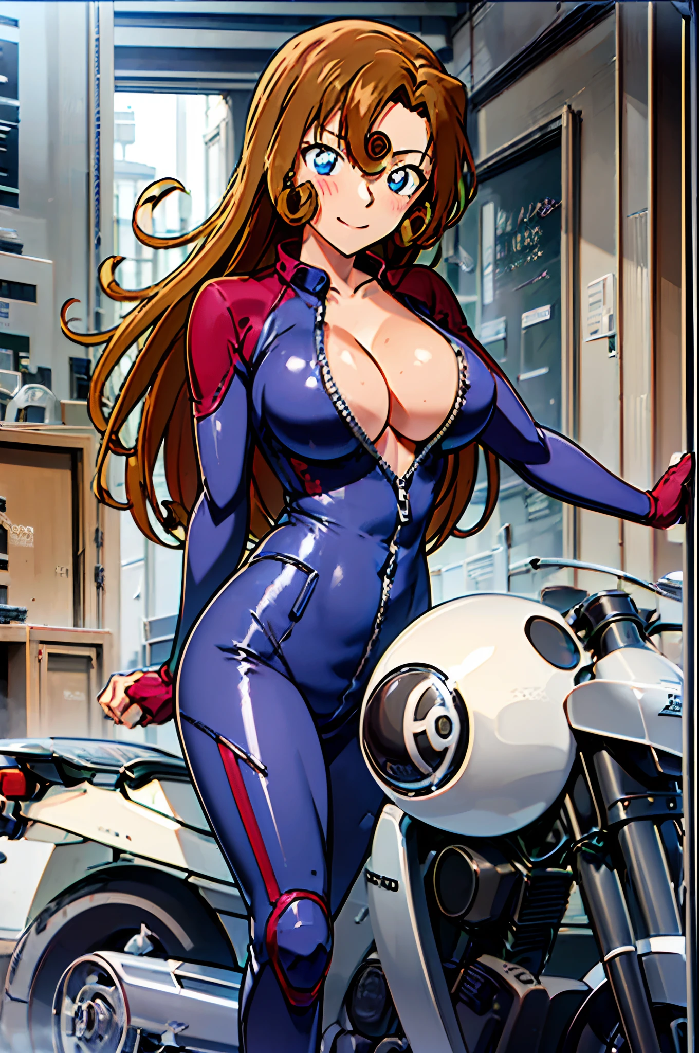 ultra detailed face, best quality, anime style, hires, digital blending, bold drawing lines, ((female biker), (slender body), mature woman, milf, (dark purple only, one color only, one piece, catsuit, half zipped, cover whole body, motorbike suit) victorious, gorgeous, winner, not blushing, confident face, smile, (closed mouth), (pale skin, shiny skin, lighting and shadow), (cleavage) (only one arm stretching),closed fists, (brown, long hair, curly bangs), 37 years old