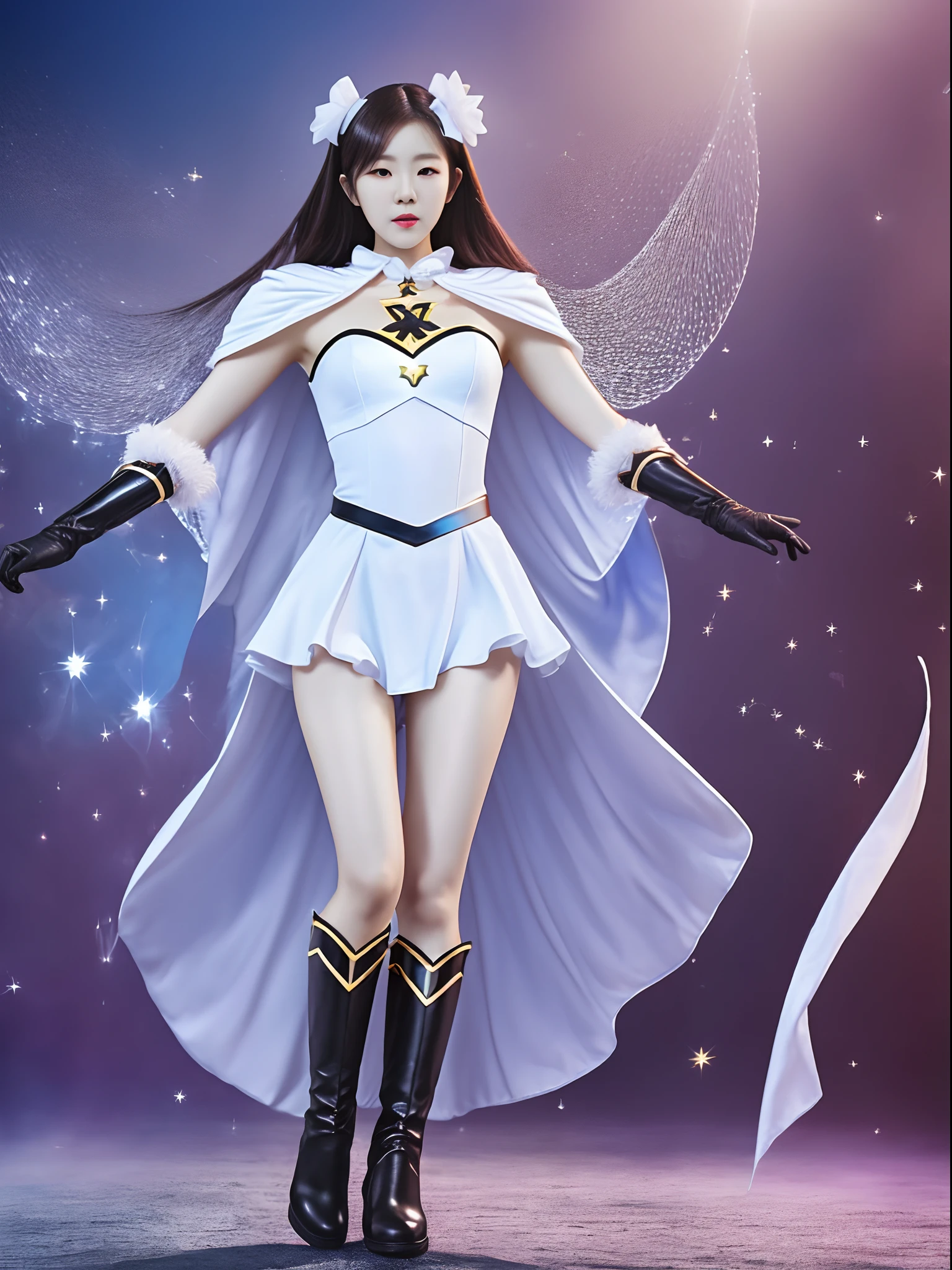 High-end CG Korean girl Irene sparkle special effects transformed into a uniform，Dressed in delicate musical symbols，White cape blue gloves boots+Wand Music Girl，The whole body emits a mysterious light，Superhuman strength，，soio，Realistic superpower special effects 100%Music Symbol Effects shows full-body shots