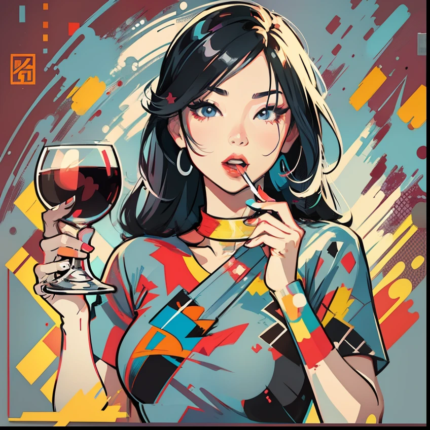 Create digital artworks in the pop art style, Featuring vibrant and confident Asian women, Cinematic color scheme,, Energetic brush strokes,The mood must be dynamic,  Illustration, grayscales,vector、Holding a wine glass、solid background