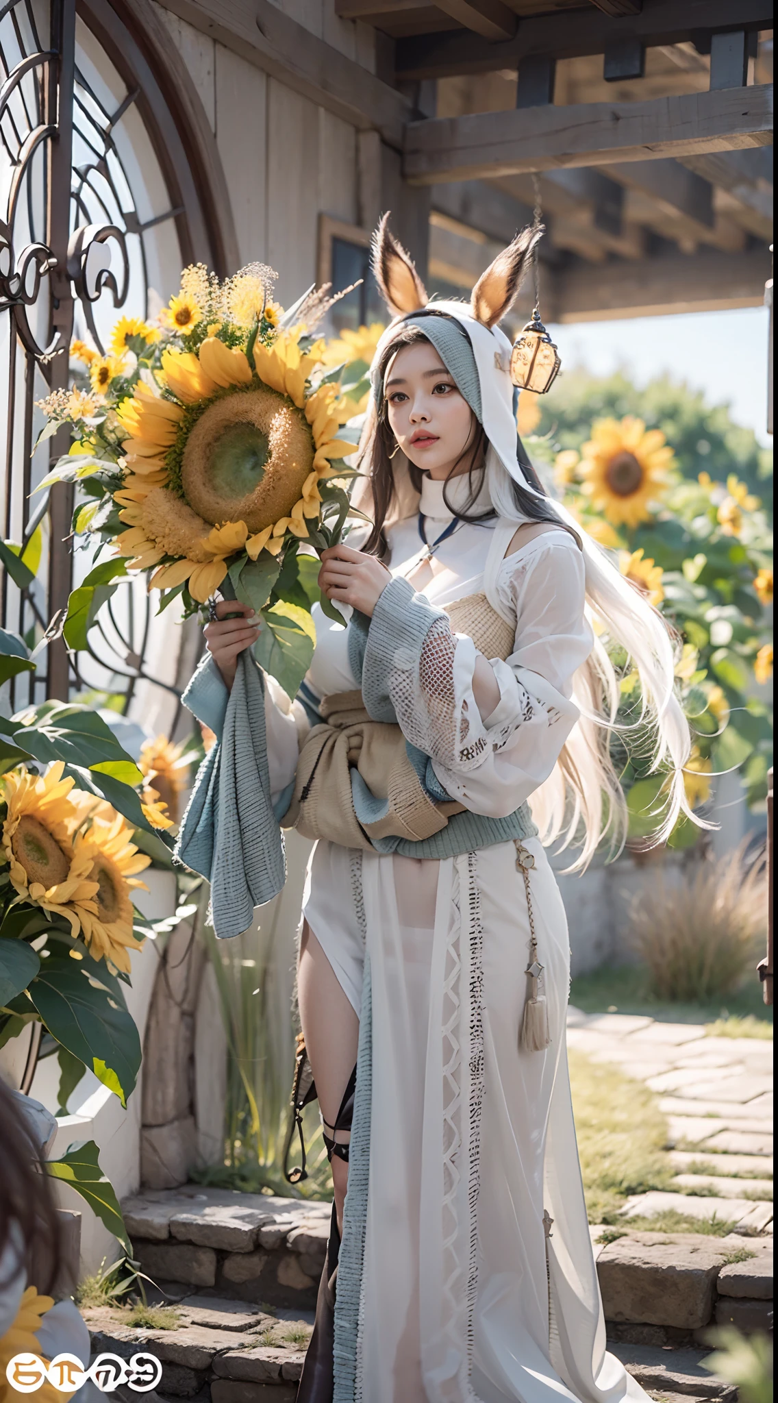 In a very grand scene，The extra-large wide-angle lens captures the appearance of a female centaur。She is a Sunflower Worship nun，Always opposed（Healing smiley face of knitted sunflower puppet😊：99.99）DOA。She is tall，It has the ultimate curvy beauty，The muscles are slender and firm，Beautiful lines。She has（Super huge sky blue eyes：99.99）、always（Wearing sexy glasses：6.66）、（She wears solemn nun attire：9.9）、Stepping on a boot-style skyscraper-heel、A pink cross hangs on his chest。Use Midjourney's advanced tools，Designed for female centaurs（A knitted sunflower puppet and create a super healing cartoon smiley face in the center of the flower tray as a decoration：9.9），and noble and solemn nun costumes，and highlight her unique physiological characteristics and appearance details，Add realism。And in the context of her prayers and listening to confessions，Spectacular views of nature，Such as the sky where storms and sunny days alternate、Brilliant rivers of stars and auroras、The snow-capped summit of Mount Everest、Fireworks in the mountain town, etc。ao mesmo tempo，Away from the hustle and bustle next to the chapel，Create a fantastic scene。Use Midjourney's advanced tools and multiple color palettes、Brush Strokes、Texture tools and model packages，It shows a sense of atmosphere where beauty and charm coexist。The charm of the female centaur is highlighted through color and lines，Enhance realism with detailing，Create a surreal dreamy feeling。Additionally，Use Midjourney's tools to add various exorcism props and books to the female centaur、pergaminhos，Create intricate hairstyles and outfits，Give her a sense of premium。She never flinches，No matter what monster you encounter，can respond quickly，Even the most extreme armies of natural disasters and monsters could not stop her and her front（Sunflower with Tyndall effect that emits sunlight9.99）。Use Midjourney's powerful tools，You can do it with incredible detail and beauty，Bring this ultra-grand and beautiful scene to life。Ultra-grand scenes，s