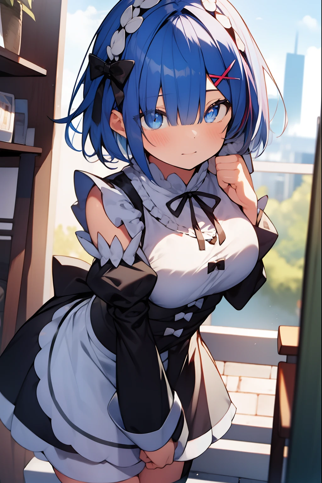 rezerorem, rem, blue eyes, blue hair, hair ornament, hair over one eye, hair ribbon, short hair, x hair ornament,
BREAK apron, black ribbon, black skirt, black sleeves, detached collar, detached sleeves, flower, frilled apron, frilled skirt, frills, head wreath, long sleeves, maid, miniskirt, neck ribbon, purple ribbon, ribbon, ribbon trim, ribbon-trimmed sleeves, roswaal mansion maid uniform, short hair, skirt, thighhighs, waist apron, white apron, white thighhighs,
BREAK outdoors, city,
BREAK looking at viewer, 
BREAK (masterpiece:1.2), best quality, high resolution, unity 8k wallpaper, (illustration:0.8), (beautiful detailed eyes:1.6), extremely detailed face, perfect lighting, extremely detailed CG, (perfect hands, perfect anatomy),