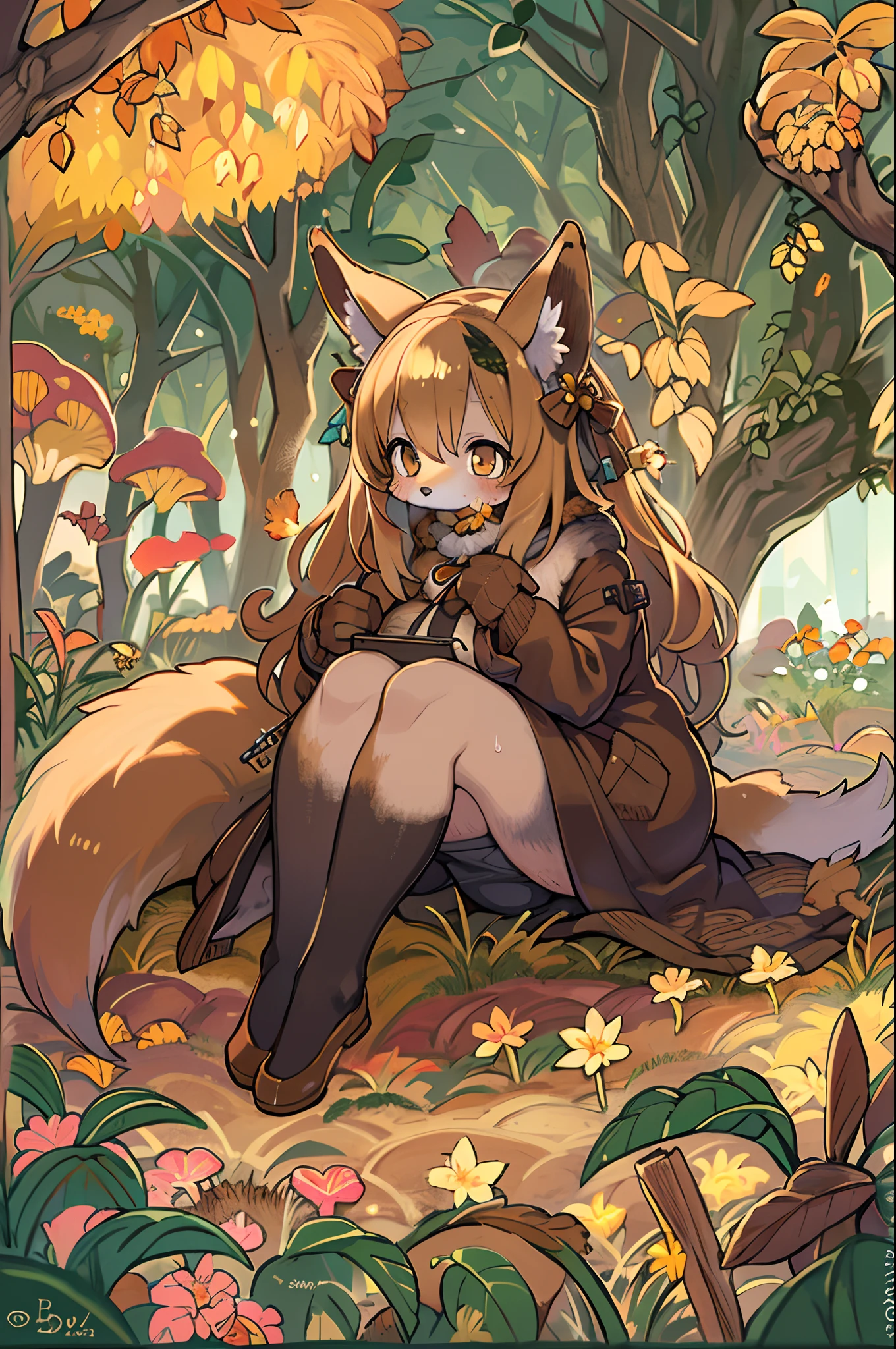 Fox, (Monster Girl), long brown ears with a dark brown inside,,,,,,, brown fur, Sunburned neck fluff, brown fluffy tail with a yellow-brown tip,,,,,,, Big brown eyes, wearing modest clothing, Sitting in the mushroom garden, masutepiece, Best Quality、autumnal,bbw