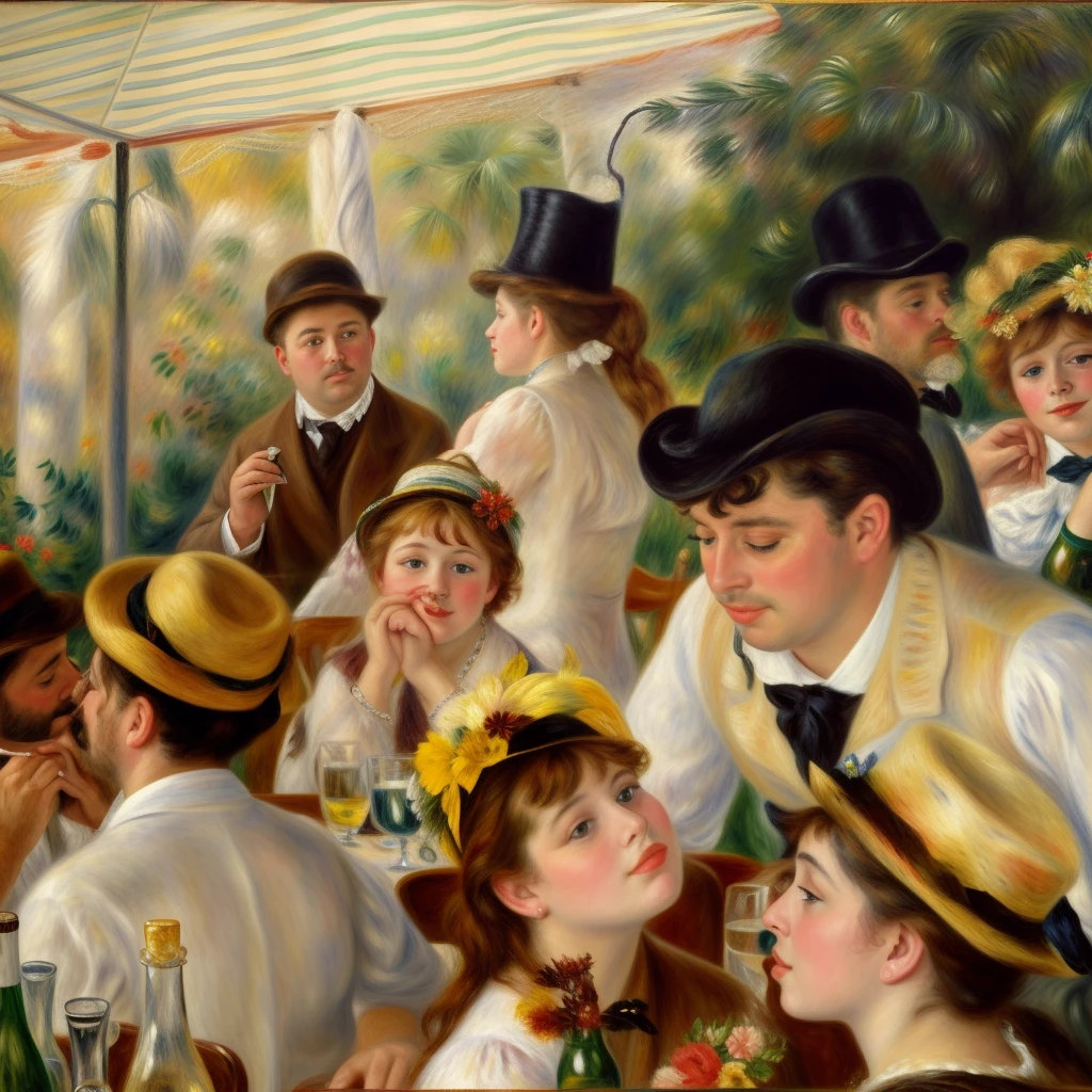 A beautiful angel, painting of a group of people sitting at a table with drinks, in the painting style of renoir, by Pierre Roland Renoir, inspired by Pierre Roland Renoir, by Renoir, pierre - auguste renoir, painting in the style of renoir, by Pierre-Auguste Renoir, inspired by Pierre-Auguste Renoir, inspired by Renoir