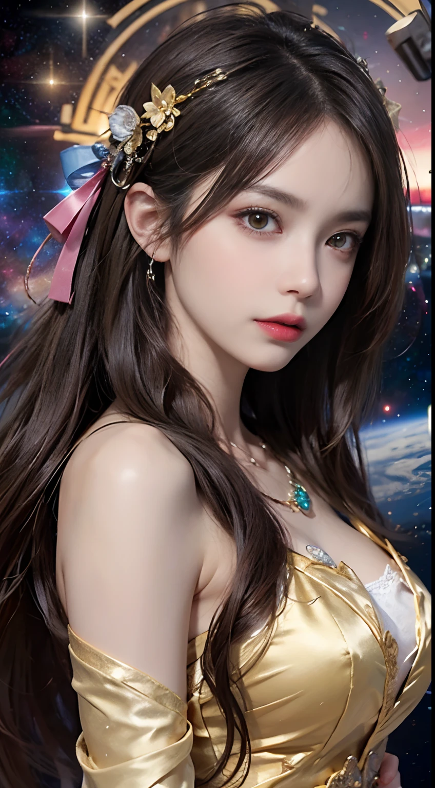 1 27-year-old girl, 1 zodiac goddess from the future, goddess of the pink and purple 12 zodiacs, the goddess of the zodiac in a yellow ao dai, a 12 zodiac ao dai with many black lace detail, mythology Goddess of the 12 zodiacs from the future, zodiac ♏, luxurious glittering zodiac style, dark and mysterious version, zodiac crown, lipstick lips red, thin and beautiful lips, don't smile, Keep your mouth shut, characters made by karol bak and pino daeni, intricate detailes, Detailed background, Extremely detailed, light magic, femele, Clear face, look at the face of goddess zodiac look at the zodiac goddess face, Moderately large breasts, Round breasts, Big and round breasts, hair long with bangs, beautiful face in detail and well-proportioned eyes, (transparent yellow eyes: 1.8), big round eyes and very beautiful and detailed makeup, foresight, Silk dress, mysterious makeup, Bracelet, double bangs and dyed light blonde, Upper body, (zodiac goddess upper body: 1.9), arms hanging loosely, Real and vivid photo, (stars make up the zodiac: 1.7), (sky background zodiac and fictitious space and time portal: 1.8), fiction art, Raw photo, hanfu photo, Best Photo, high_res, Best Quality, best photo quality, The 8k quality, 8k ultra, Super realistic, real photo most economical, artistic portrait of goddess zodiac, 1 symbol of 12 zodiac signs on the back, single portrait of 1 zodiac goddess, Most realistic color scheme, best photo color, masutepiece, Hair Ornament, Necklace, Jewelry, Beautiful face, upon body, Tindall Effect, photographrealistic, Dark Studio, Rim lighting, two tone lighting, (High detailed skin:1.2), 8K UHD, Digital SLR, Soft lighting, High quality, Volumetric lighting, Candid, photograph, High resolution, 4K, The 8k quality, Bokeh, Smooth and sharp, increase the pixel by 10x, Charming zodiac goddess, sexy zodiac goddess, (background space:1.8), (Galaxy: 1.7), Aurora, Lightning, (Aurora Background: 1.8) <lola:locon_perfecteyes_v1_from a_v1_