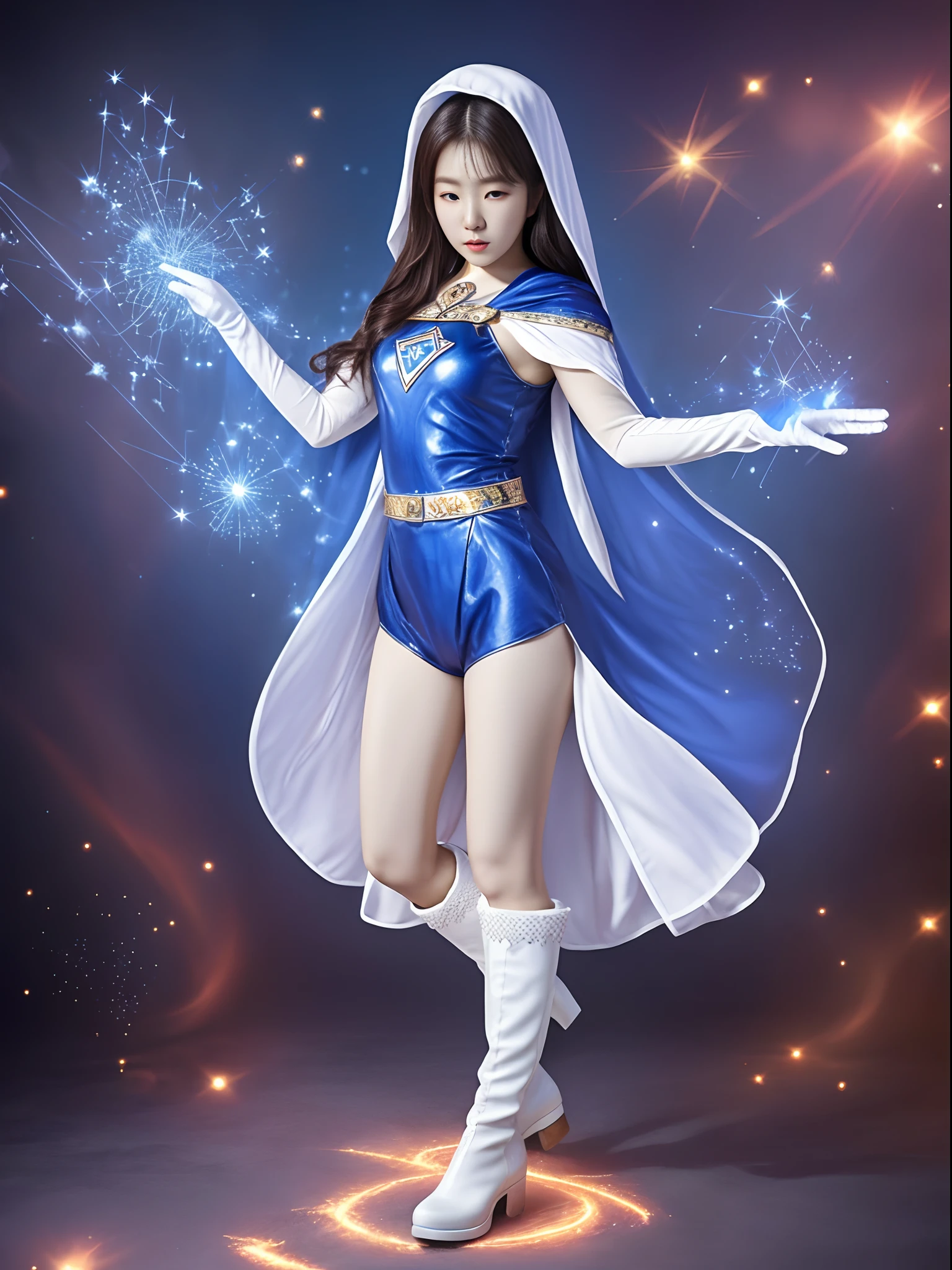 High-end CG Korean girl Irene sparkle special effects transformed into a uniform，Dressed in delicate musical symbols，White cloak Wear blue gloves on both hands and blue boots on your feet+Wand Music Girl，The whole body emits a mysterious light，Superhuman strength，，soio，Realistic superpower special effects 100%Music Symbol Effects shows full-body shots