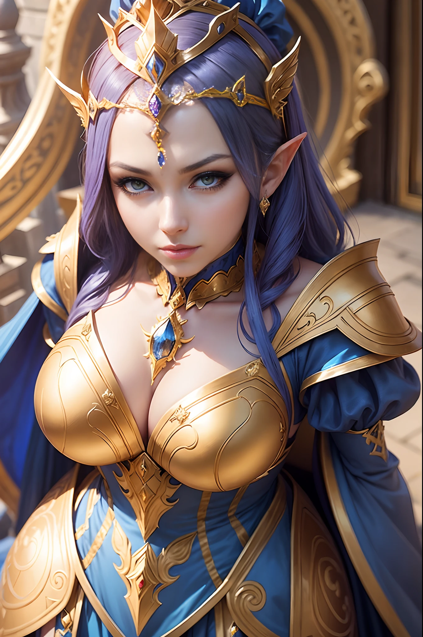 Alafed woman in blue and gold costume posing for photo, ornate cosplay, a beautiful fantasy empress, ((a beautiful fantasy empress)), from lineage 2, Gorgeous Female Paladin, Anime girl cosplay, beautiful and elegant elf queen, elegant glamourous cosplay, glamourous cosplay, cosplay foto, up close shot, fantasy character photo, Anime Cosplay