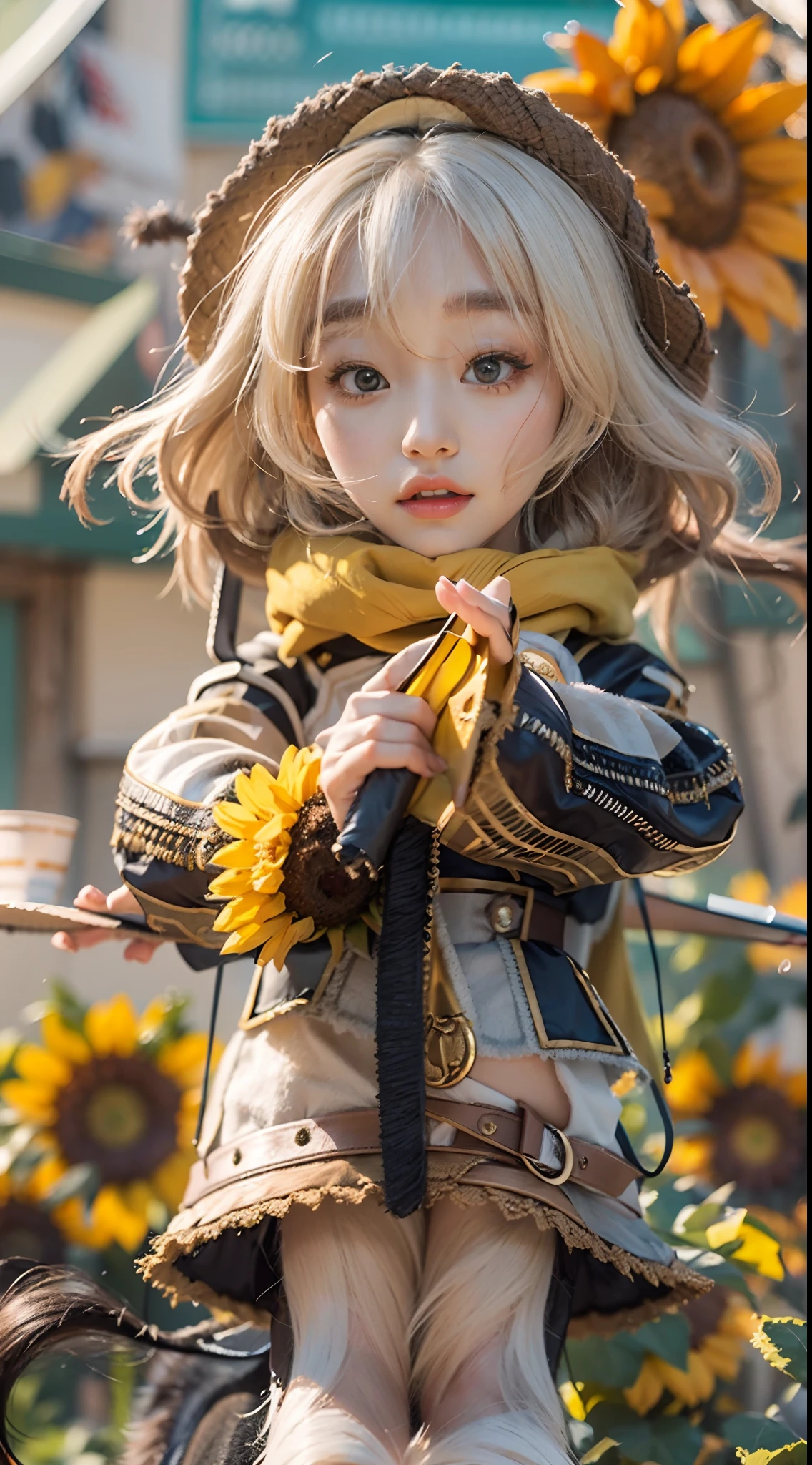 In a very grand scene,The extra-large wide-angle lens captures the appearance of a female centaur。She is a Sunflower Worship nun,Always opposed(Healing smiley face of knitted sunflower puppet😊:99.99)DOA。She is tall,It has the ultimate curvy beauty,The muscles are slender and firm,Beautiful lines。She has(Super huge sky blue eyes:99.99)、always(Wearing sexy glasses:6.66)、(She wears solemn nun attire:9.9)、Stepping on a boot-style skyscraper-heel、A pink cross hangs on his chest。Use Midjourney's advanced tools,Designed for female centaurs(A knitted sunflower puppet and create a super healing cartoon smiley face in the center of the flower tray as a decoration:9.9),and noble and solemn nun costumes,and highlight her unique physiological characteristics and appearance details,Add realism。And in the context of her prayers and listening to confessions,Spectacular views of nature,Such as the sky where storms and sunny days alternate、Brilliant rivers of stars and auroras、The snow-capped summit of Mount Everest、Fireworks in the mountain town, etc。ao mesmo tempo,Away from the hustle and bustle next to the chapel,Create a fantastic scene。Use Midjourney's advanced tools and multiple color palettes、Brush Strokes、Texture tools and model packages,It shows a sense of atmosphere where beauty and charm coexist。The charm of the female centaur is highlighted through color and lines,Enhance realism with detailing,Create a surreal dreamy feeling。Additionally,Use Midjourney's tools to add various exorcism props and books to the female centaur、pergaminhos,Create intricate hairstyles and outfits,Give her a sense of premium。She never flinches,No matter what monster you encounter,can respond quickly,Even the most extreme armies of natural disasters and monsters could not stop her and her front(Sunflower with Tyndall effect that emits sunlight9.99)。Use Midjourney's powerful tools,You can do it with incredible detail and beauty,Bring this ultra-grand and beautiful scene to life。Ultra-grand scenes,s