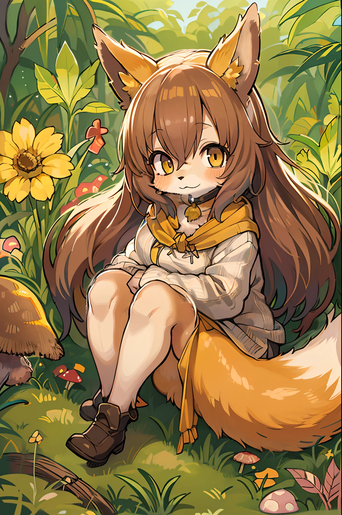 Fox, (Monster Girl), long brown ears with a dark brown inside,,,,,,, brown fur, Sunburned neck fluff, brown fluffy tail with a yellow-brown tip,,,,,,, Big brown eyes, wearing modest clothing, Sitting in the mushroom garden, masutepiece, Best Quality、autumnal,bbw