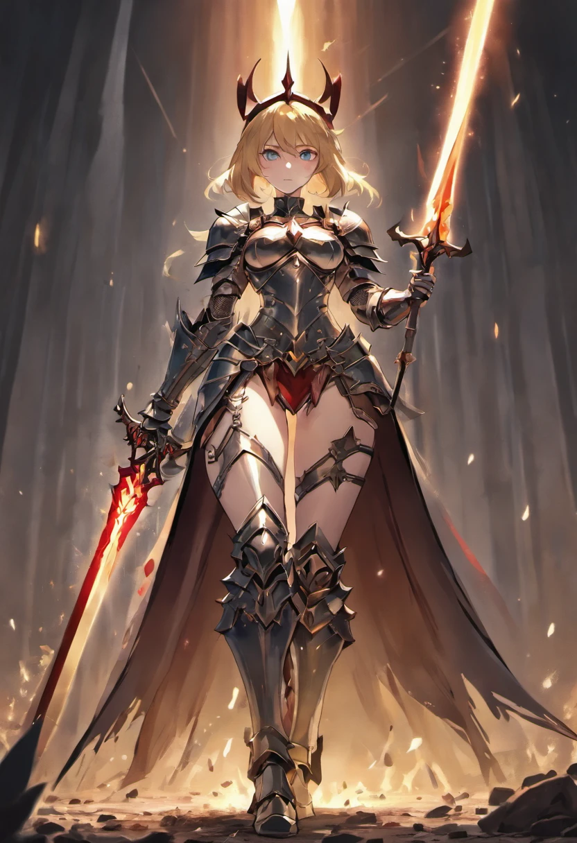 Knight in black armor, Female, large breasts, curvy body, hourglass figure, tattered cape, menacing, sinister, Face hidden away behind helmet, spiky armor, fully armored, cleavage showing, thick thighs, fierce eyes, Detailed armor, stern and cold, holding long sword in one hand, armor on hips and crotch, armor on arms, armor in legs, full body picture, medieval village getting burned down in the background, fire, only one female, angry, a close up of a woman in armor with a sword, bikini armor female knight, female knight, of a beautiful female knight, high detailed official artwork, armor girl, 8k high quality detailed art, portrait knight female, thick armor, but the armor covers her face, beautiful female knight, female assassin, badass anime 8 k, pale black armor, 4k detailed art